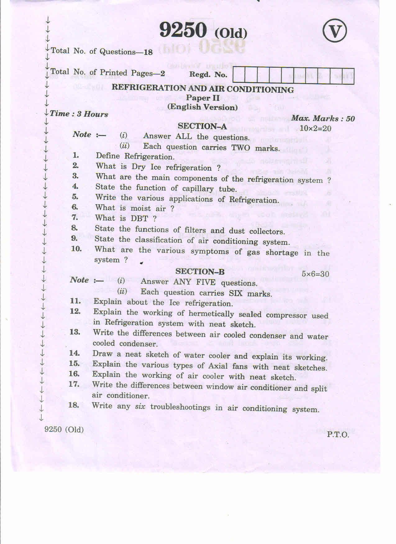 AP Inter 2nd Year Refrigeration Air Conditioning-II (old) March-2020-Vocational Question Paper - Page 1