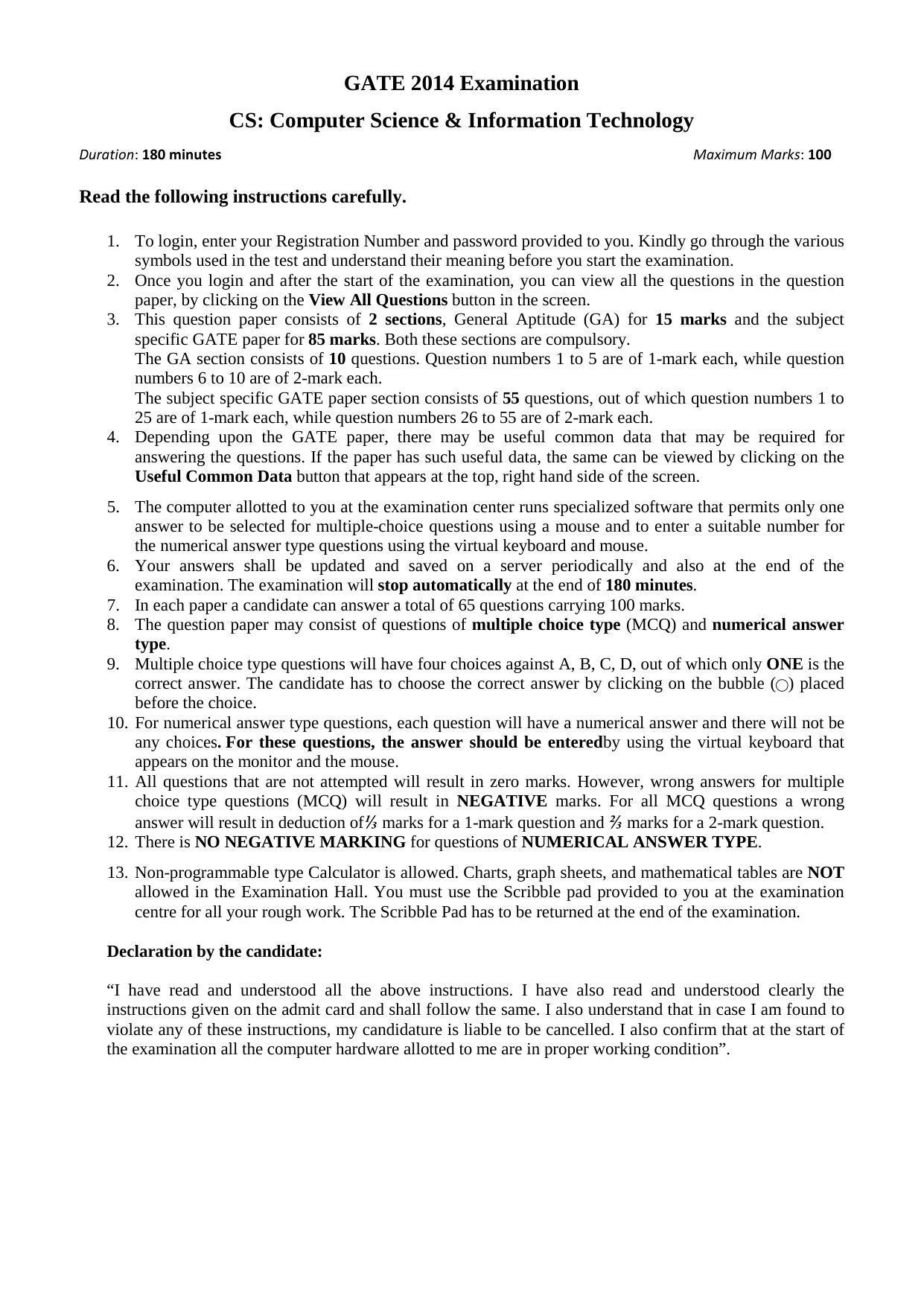 GATE 2014 Computer Science and Information Technology (CS) Question Paper with Answer Key - Page 5