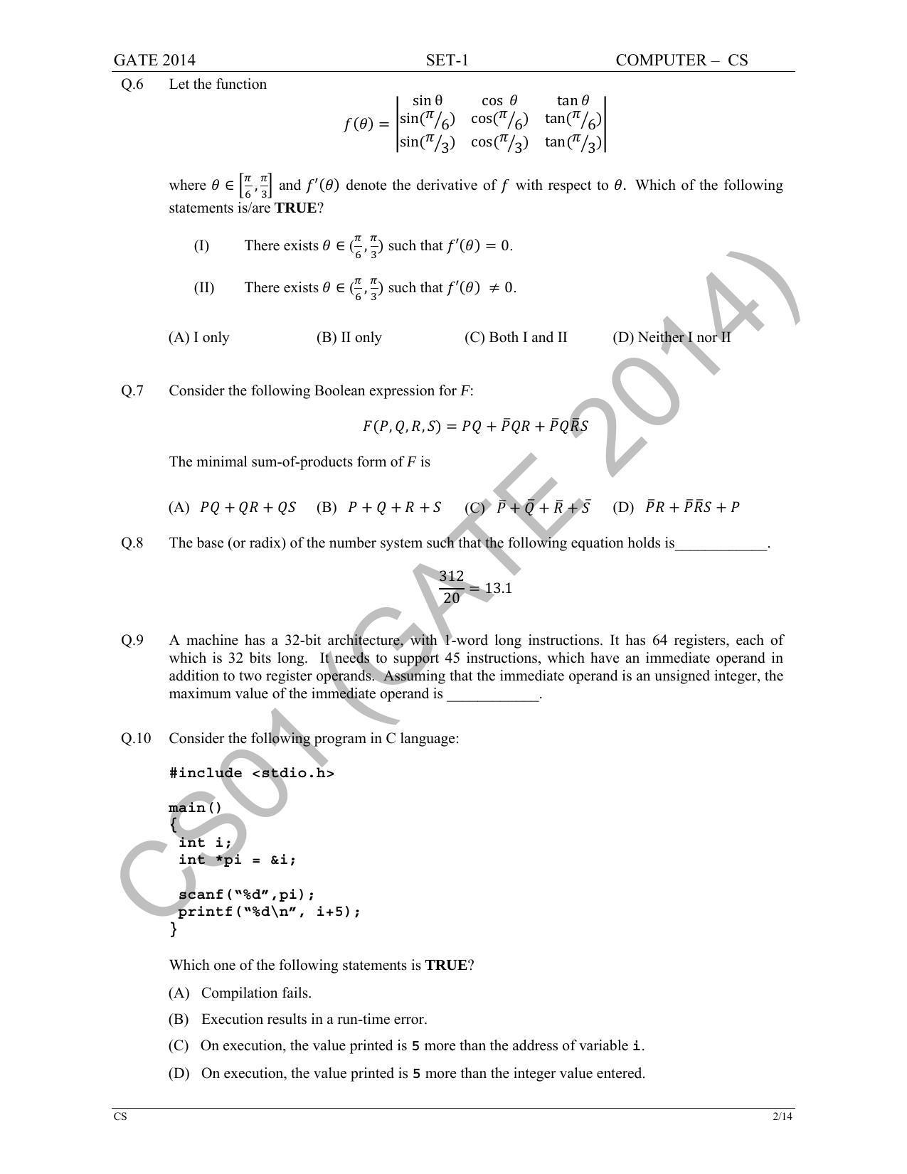 GATE 2014 Computer Science and Information Technology (CS) Question Paper with Answer Key - Page 9