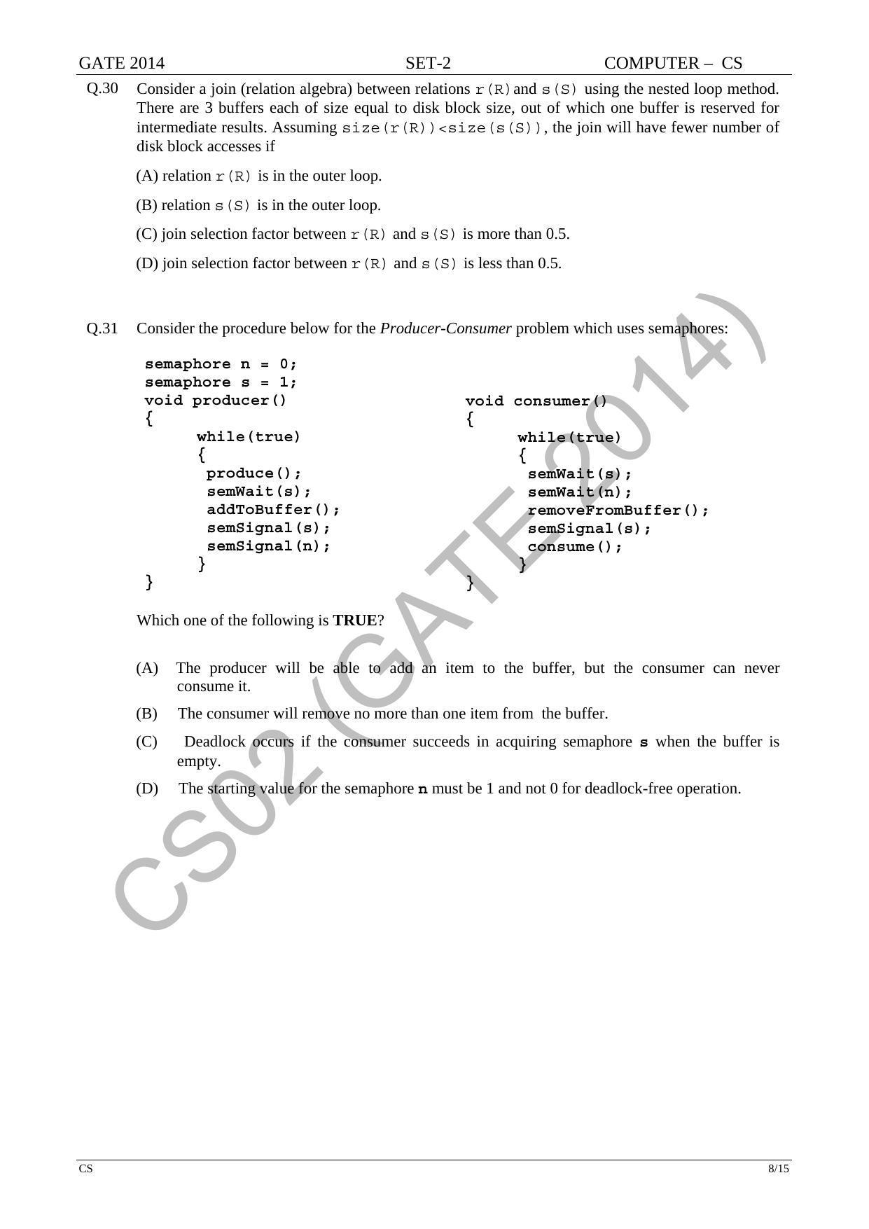 GATE 2014 Computer Science and Information Technology (CS) Question Paper with Answer Key - Page 37