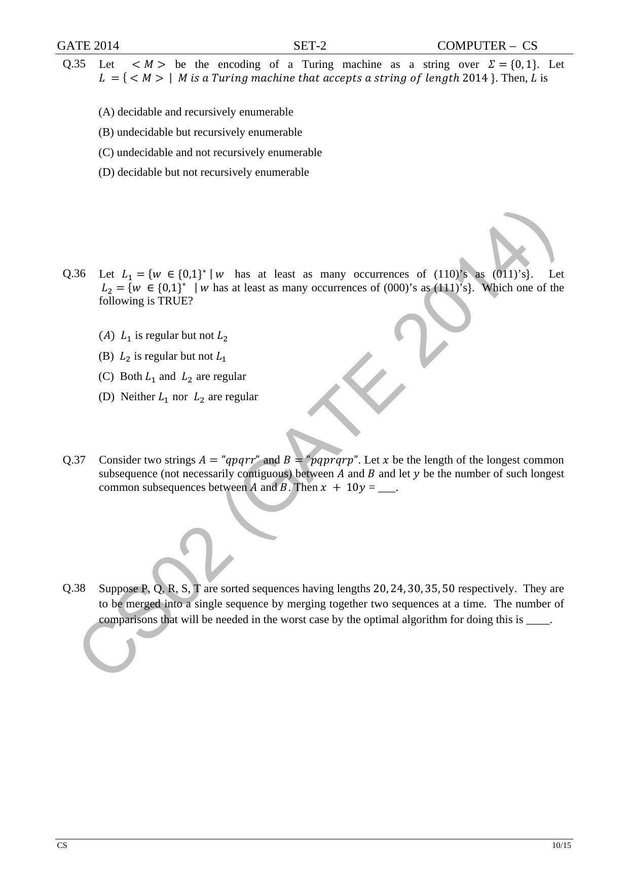GATE 2014 Computer Science and Information Technology (CS) Question Paper with Answer Key - Page 39