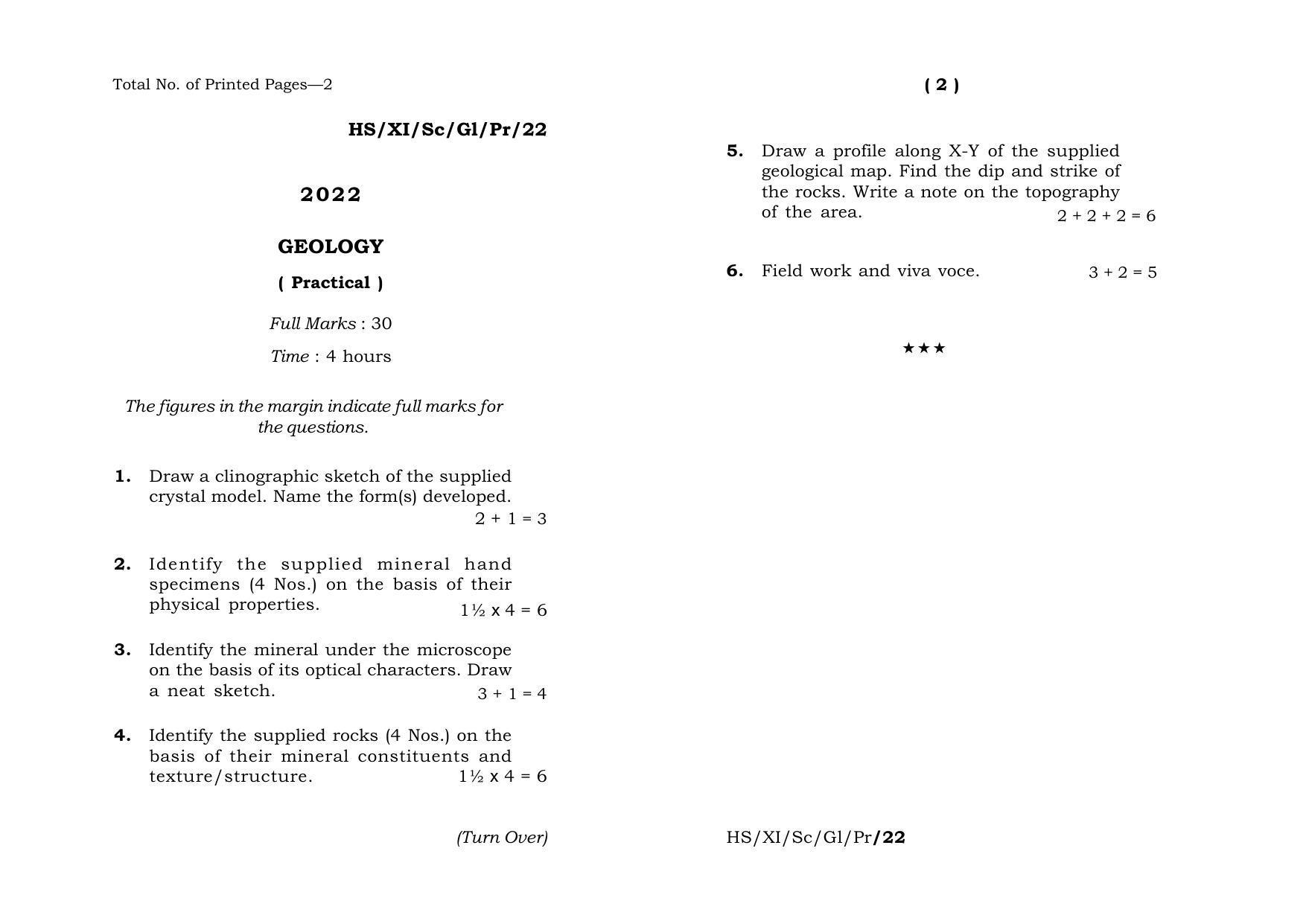 Meghalaya Board (MBOSE) Class 11 Geology (practical) 2022 Question Paper - Page 1