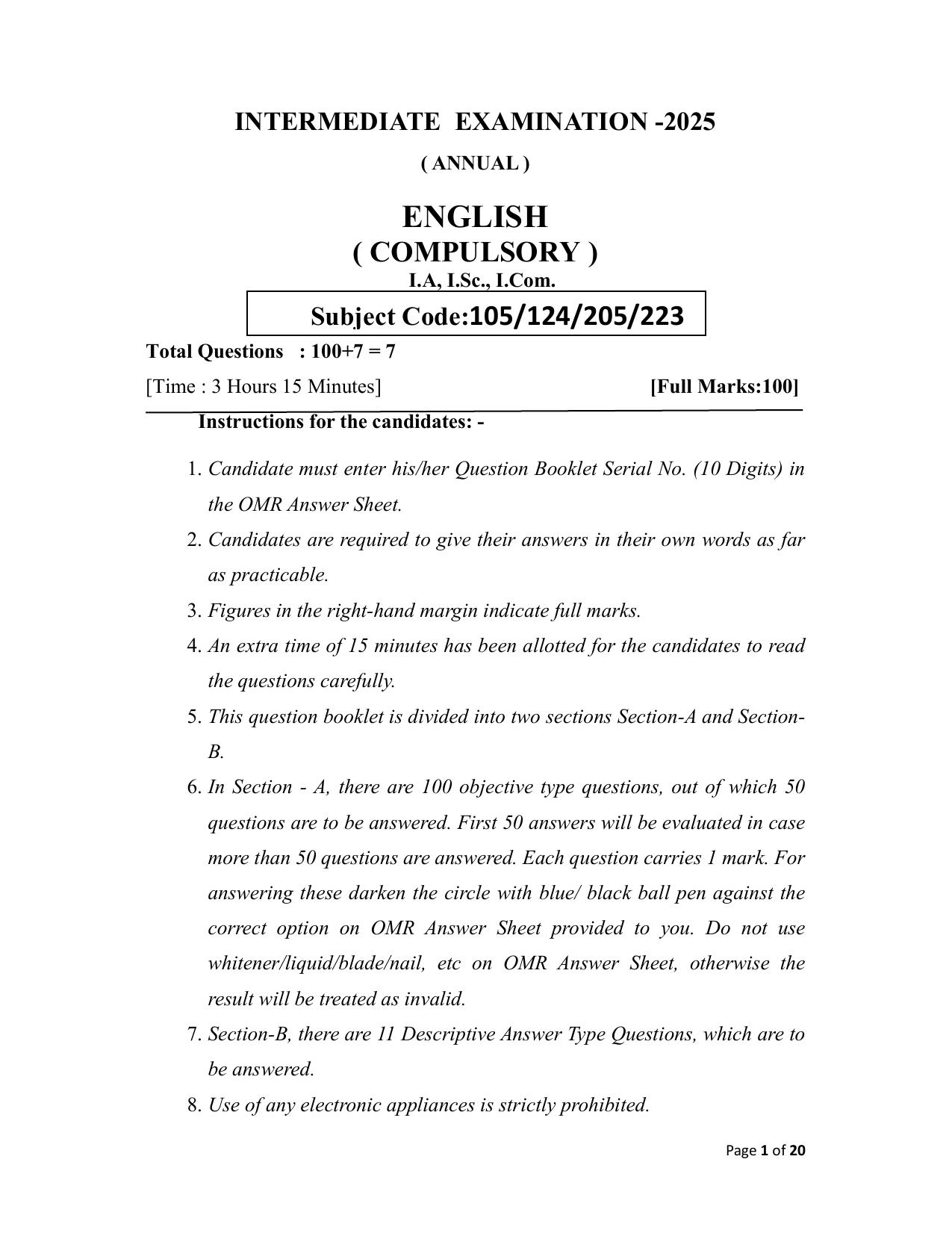 Bihar Board (BSEB) Class XII: 105/124/205/223 - ENGLISH 2025 Model Question Paper - Page 1