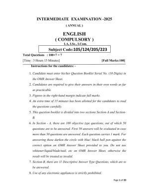 Bihar Board (BSEB) Class XII: 105/124/205/223 - ENGLISH 2025 Model Question Paper