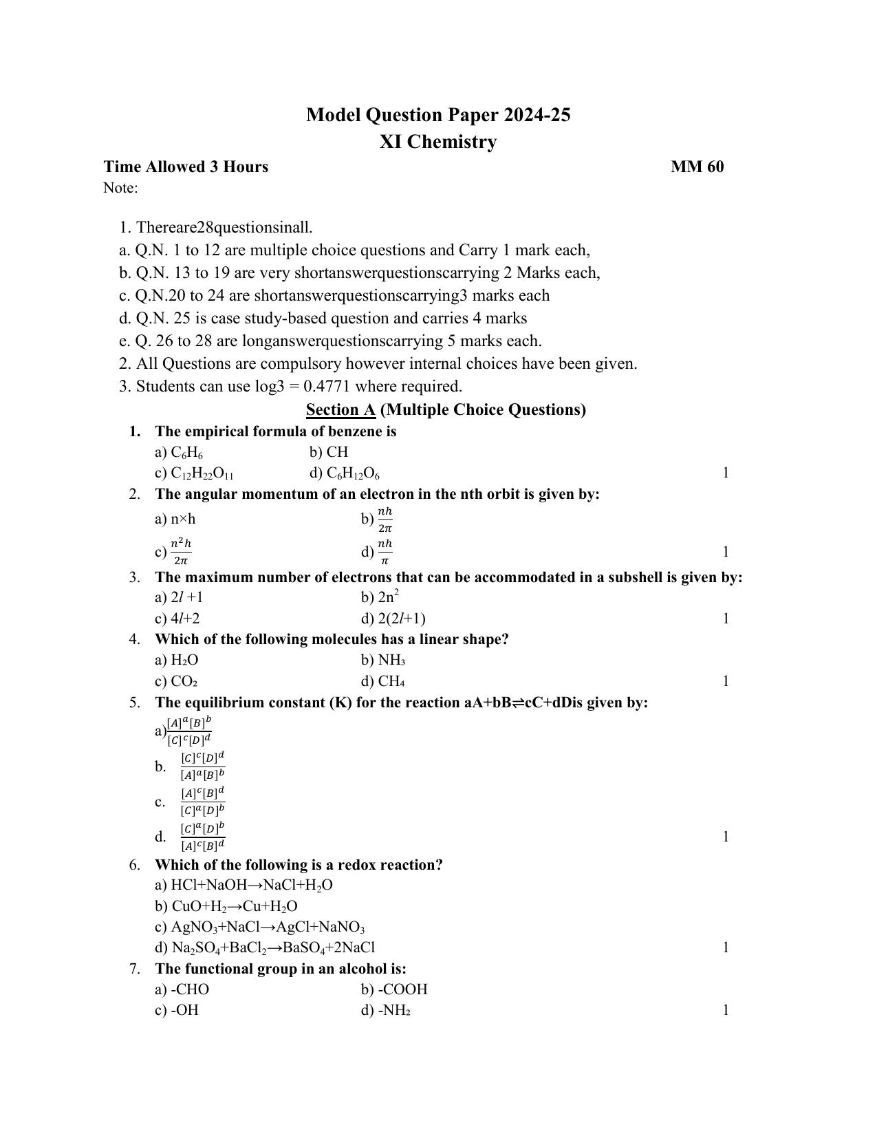 HPBOSE Class 11th Chemistry Sample Question Papers 2025 - Page 1