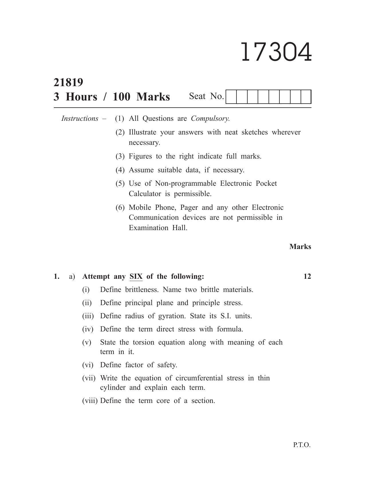 MSBTE Summer Question Paper 2019 Strength of Materials IndCareer Docs