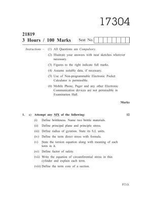 MSBTE Summer Question Paper 2019 - Strength of Materials