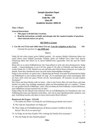 CBSE Class 12 German Sample Question Paper 2024-25
