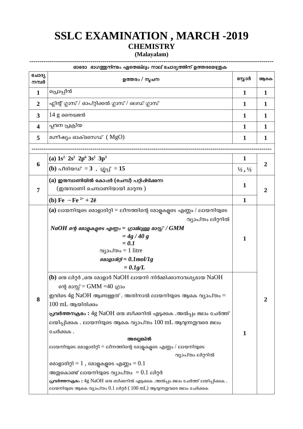 Kerala SSLC 2019 Chemistry Answer Key (MM) - Page 1