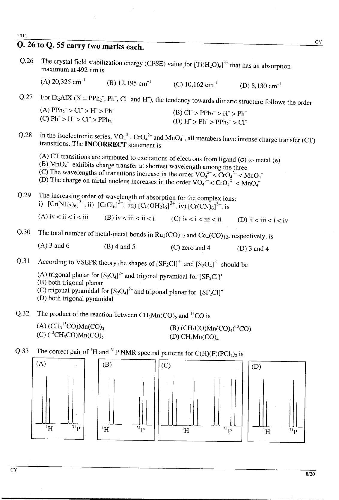 GATE 2011 Chemistry (CY) Question Paper with Answer Key - Page 8