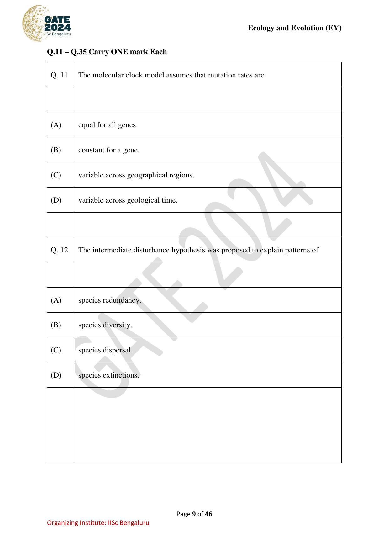 GATE 2024 Ecology and Evolution (EY) Question Paper - Page 9