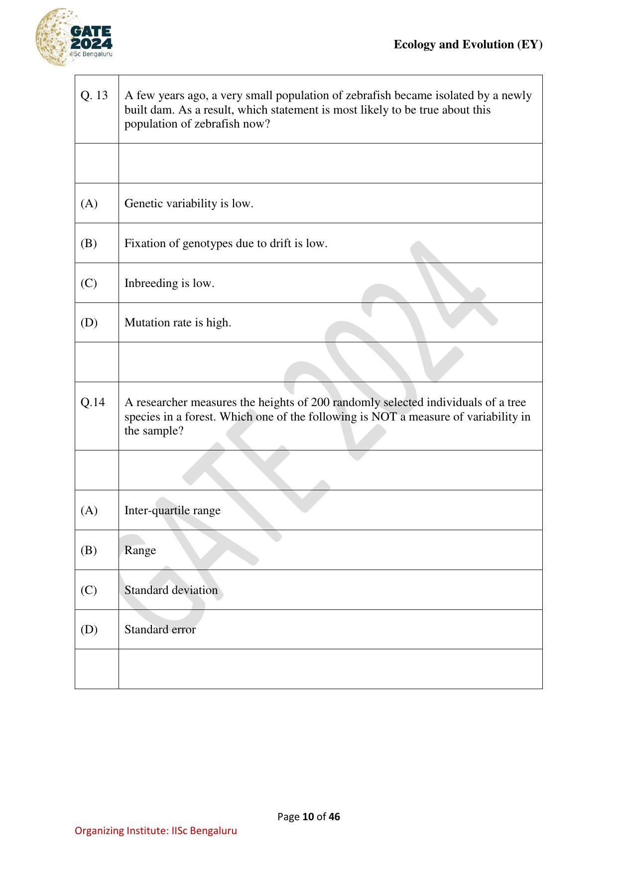 GATE 2024 Ecology and Evolution (EY) Question Paper - Page 10