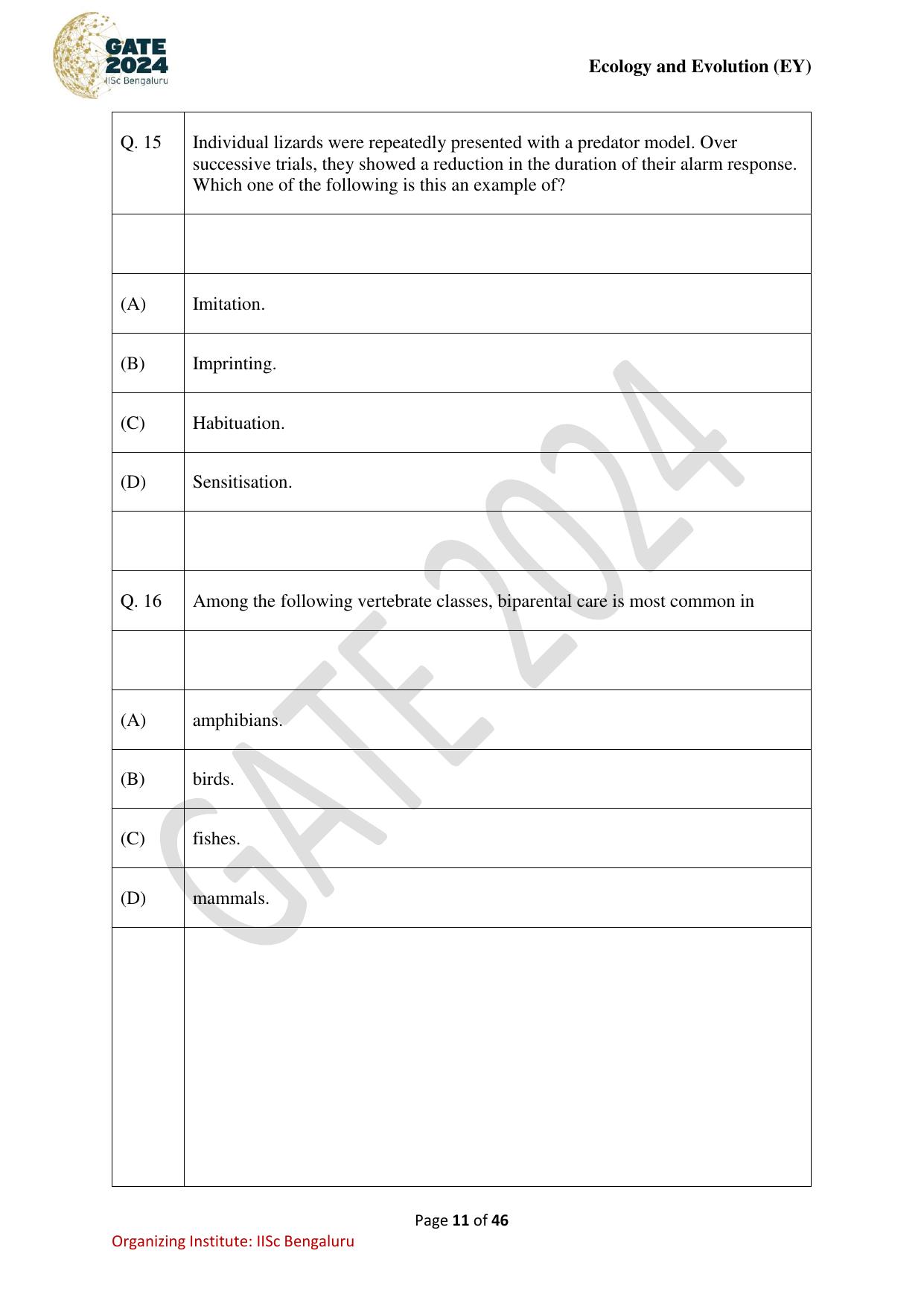 GATE 2024 Ecology and Evolution (EY) Question Paper - Page 11