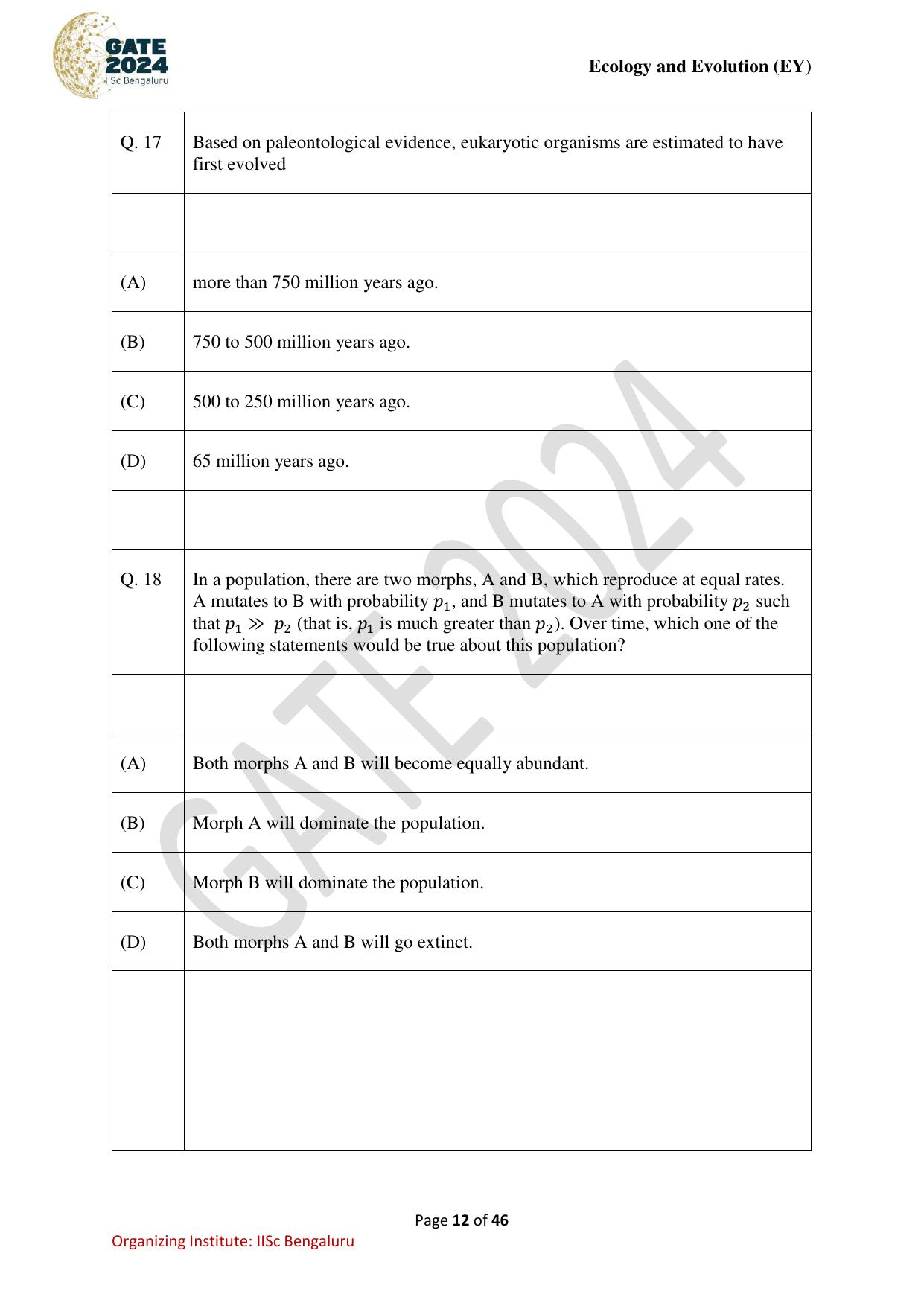 GATE 2024 Ecology and Evolution (EY) Question Paper - Page 12