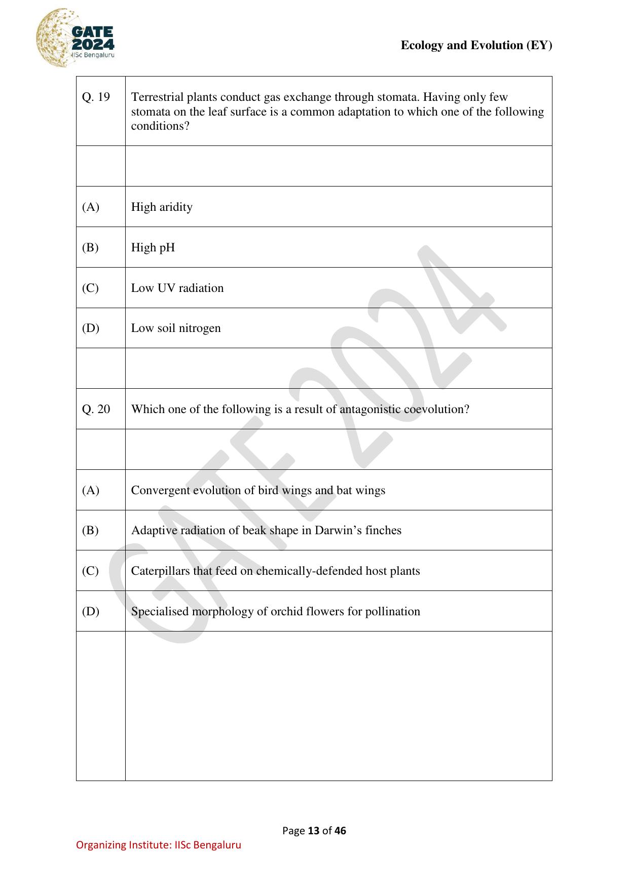 GATE 2024 Ecology and Evolution (EY) Question Paper - Page 13