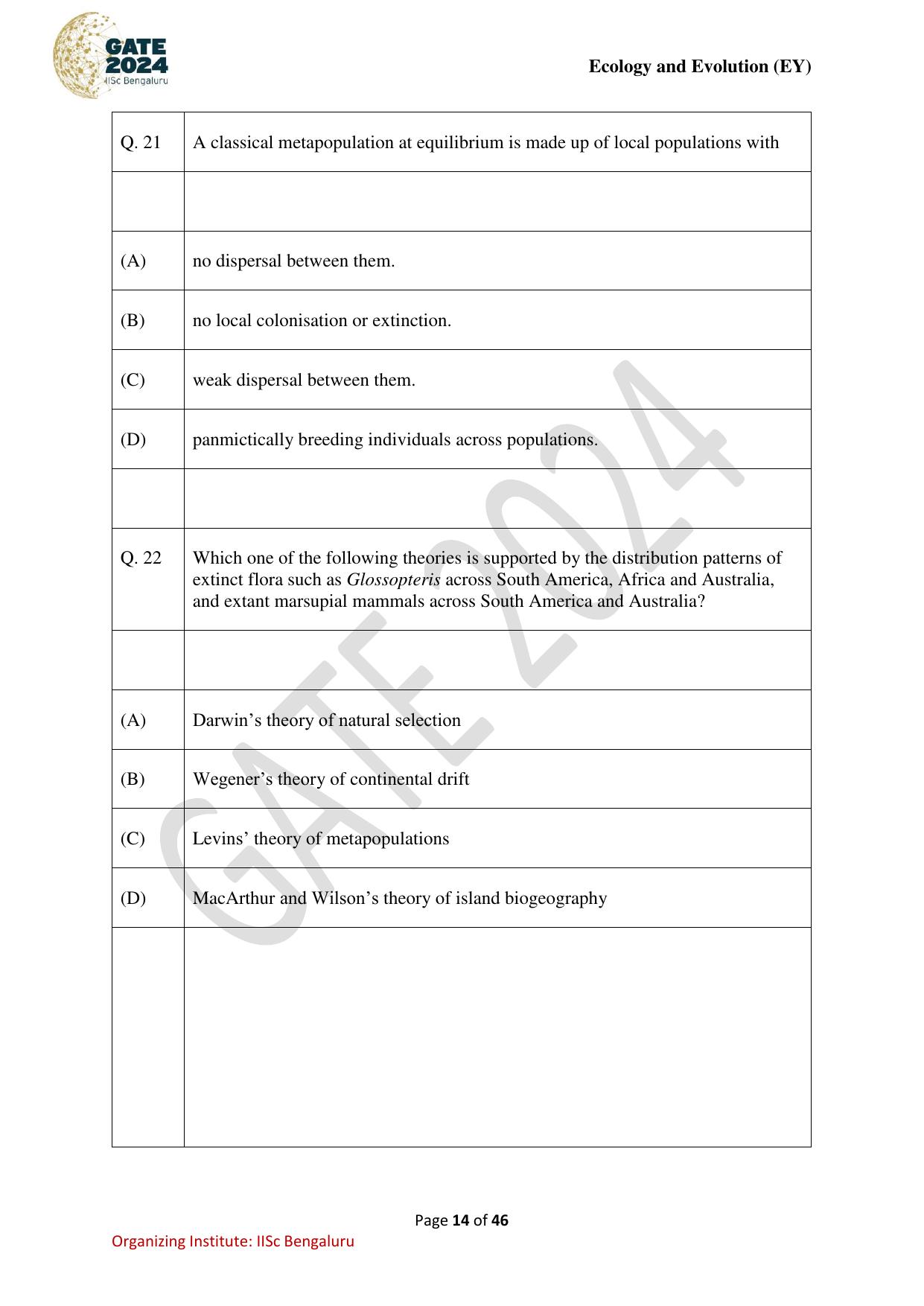 GATE 2024 Ecology and Evolution (EY) Question Paper - Page 14