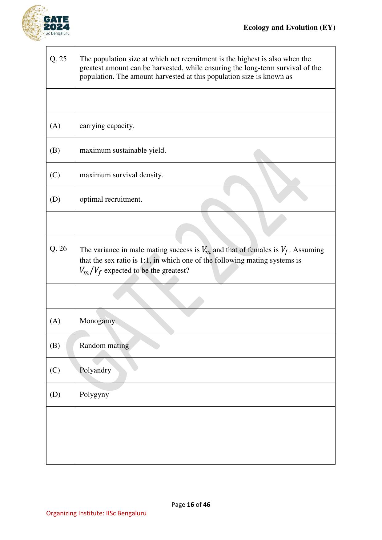 GATE 2024 Ecology and Evolution (EY) Question Paper - Page 16