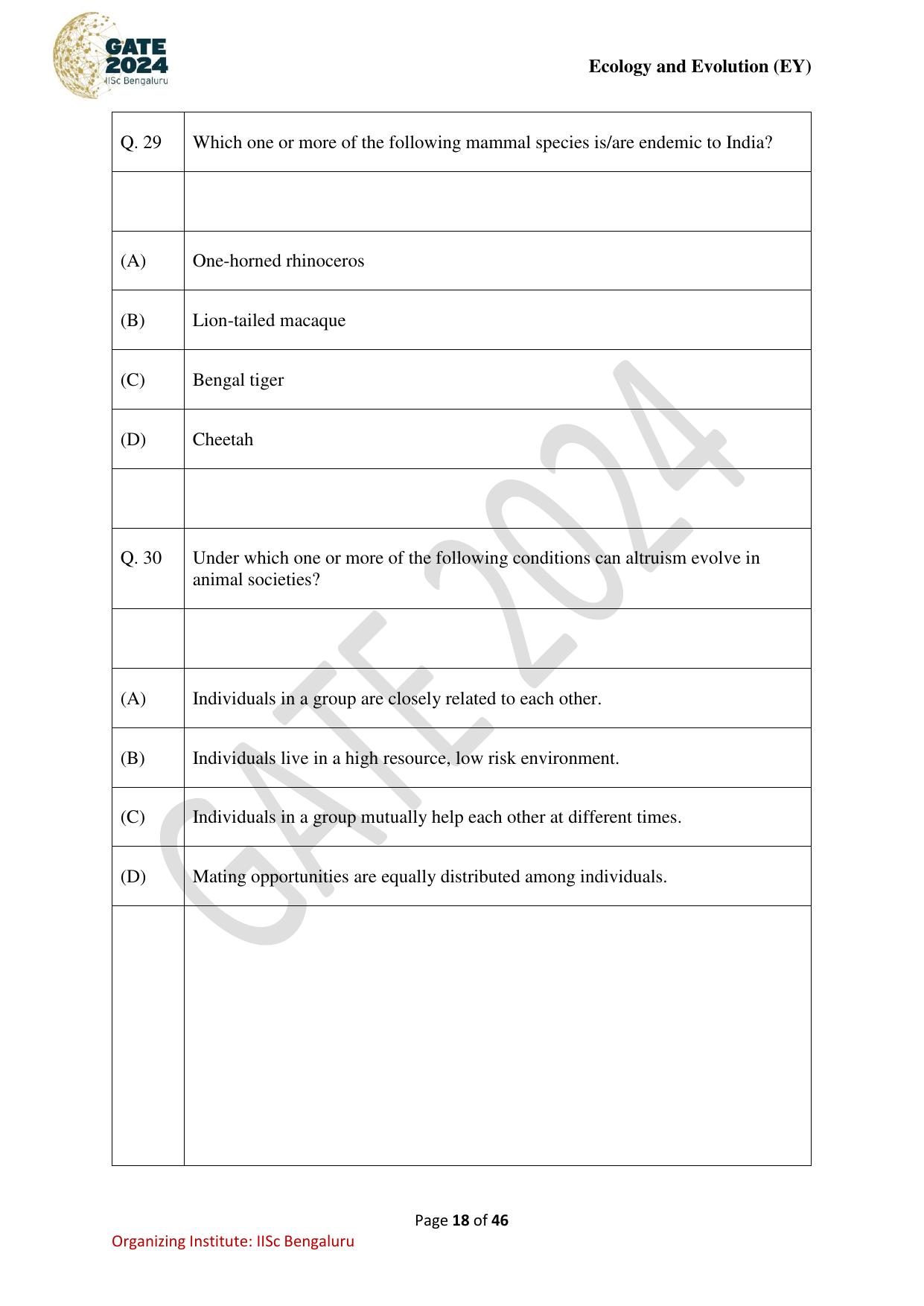 GATE 2024 Ecology and Evolution (EY) Question Paper - Page 18