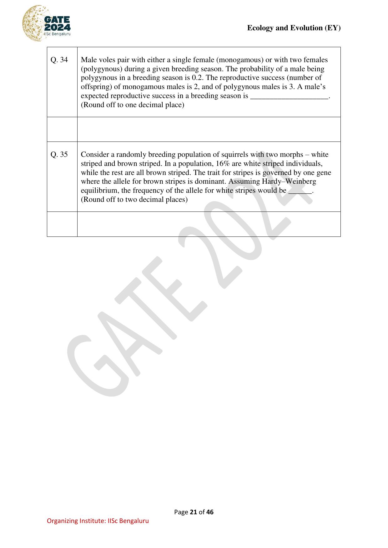 GATE 2024 Ecology and Evolution (EY) Question Paper - Page 21
