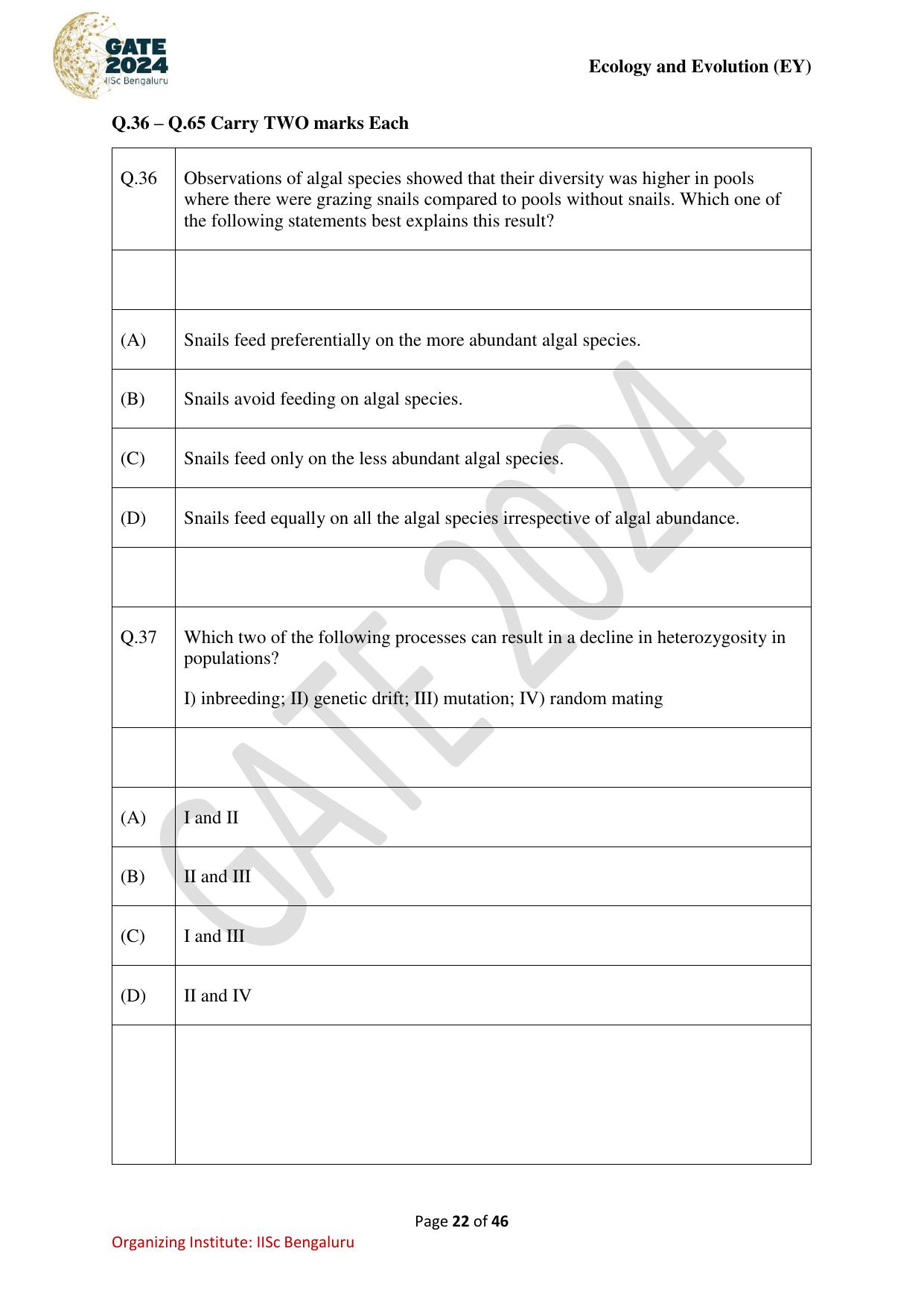 GATE 2024 Ecology and Evolution (EY) Question Paper - Page 22