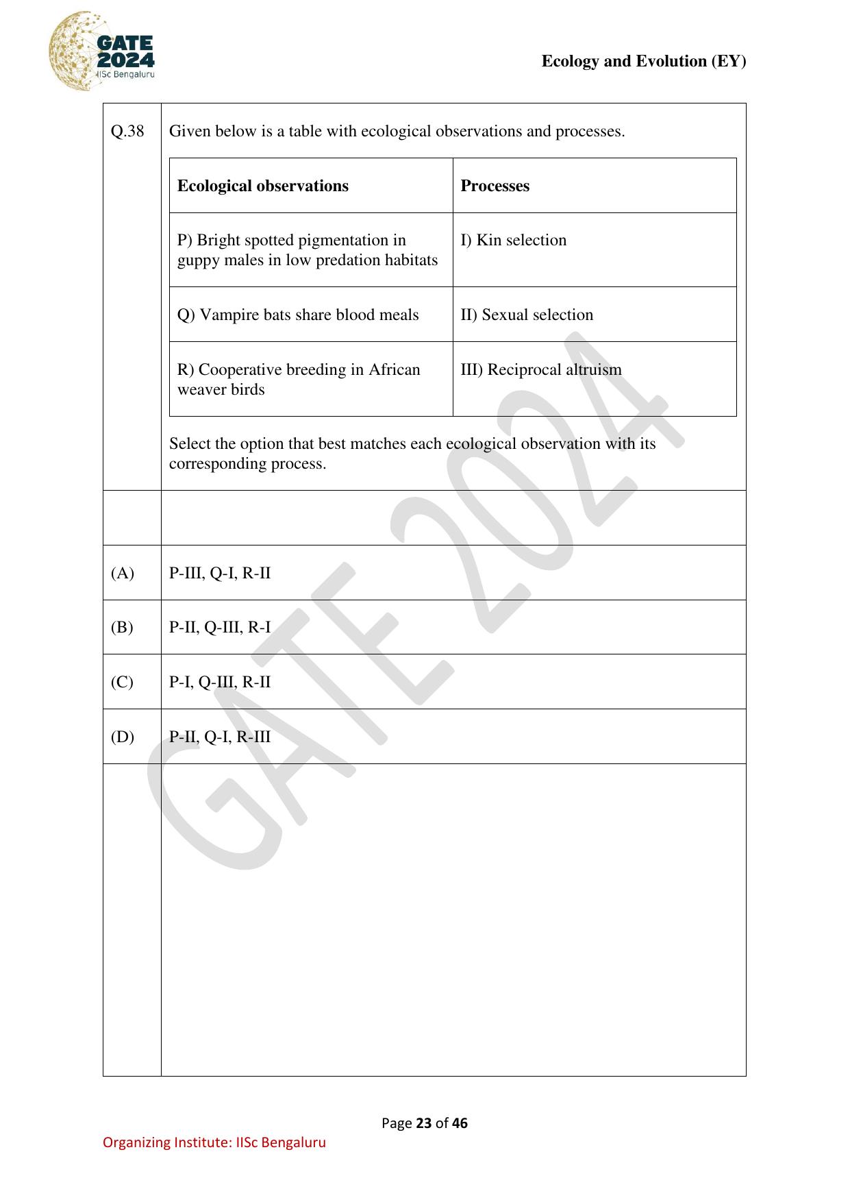 GATE 2024 Ecology and Evolution (EY) Question Paper - Page 23