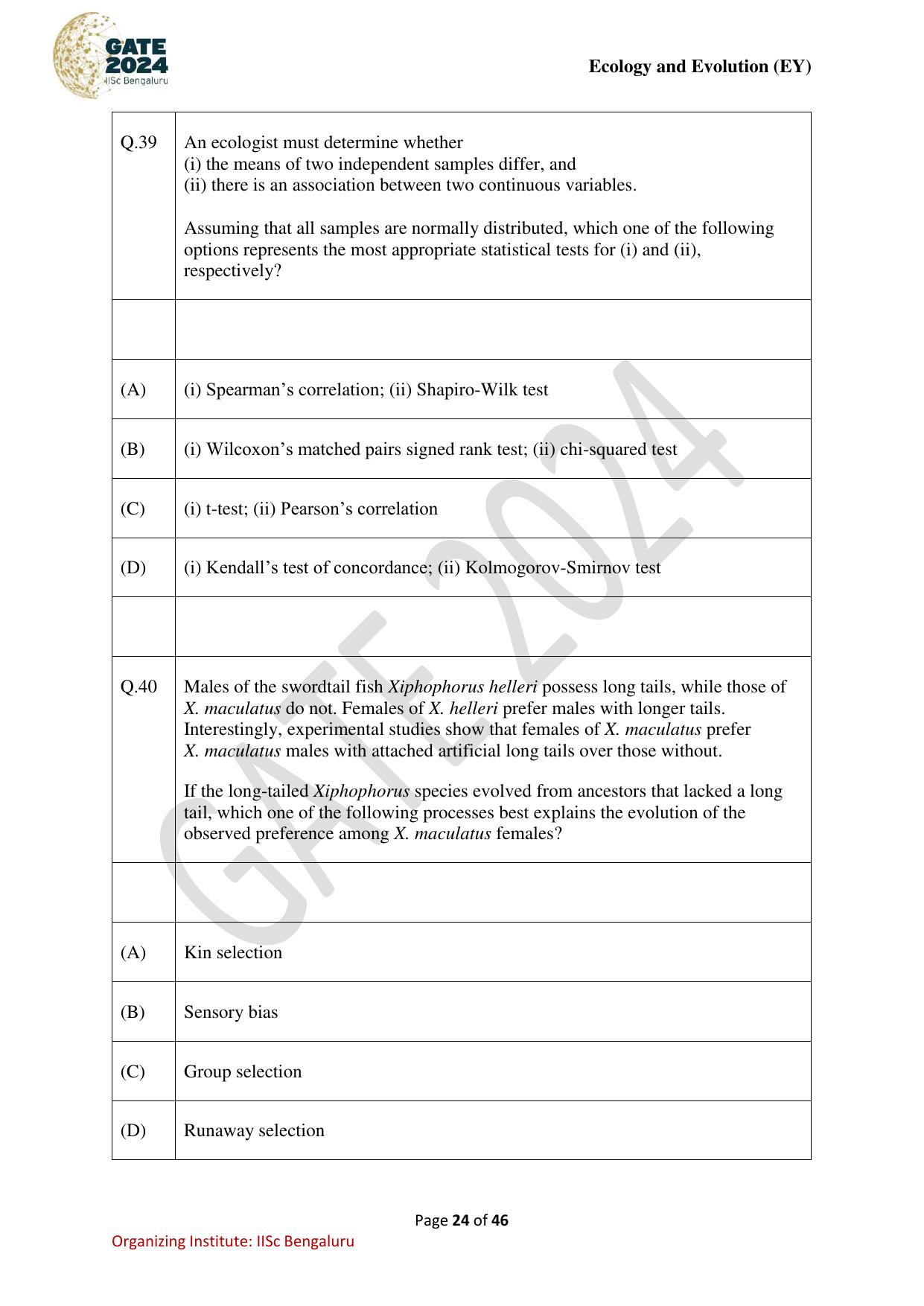 GATE 2024 Ecology and Evolution (EY) Question Paper - Page 24