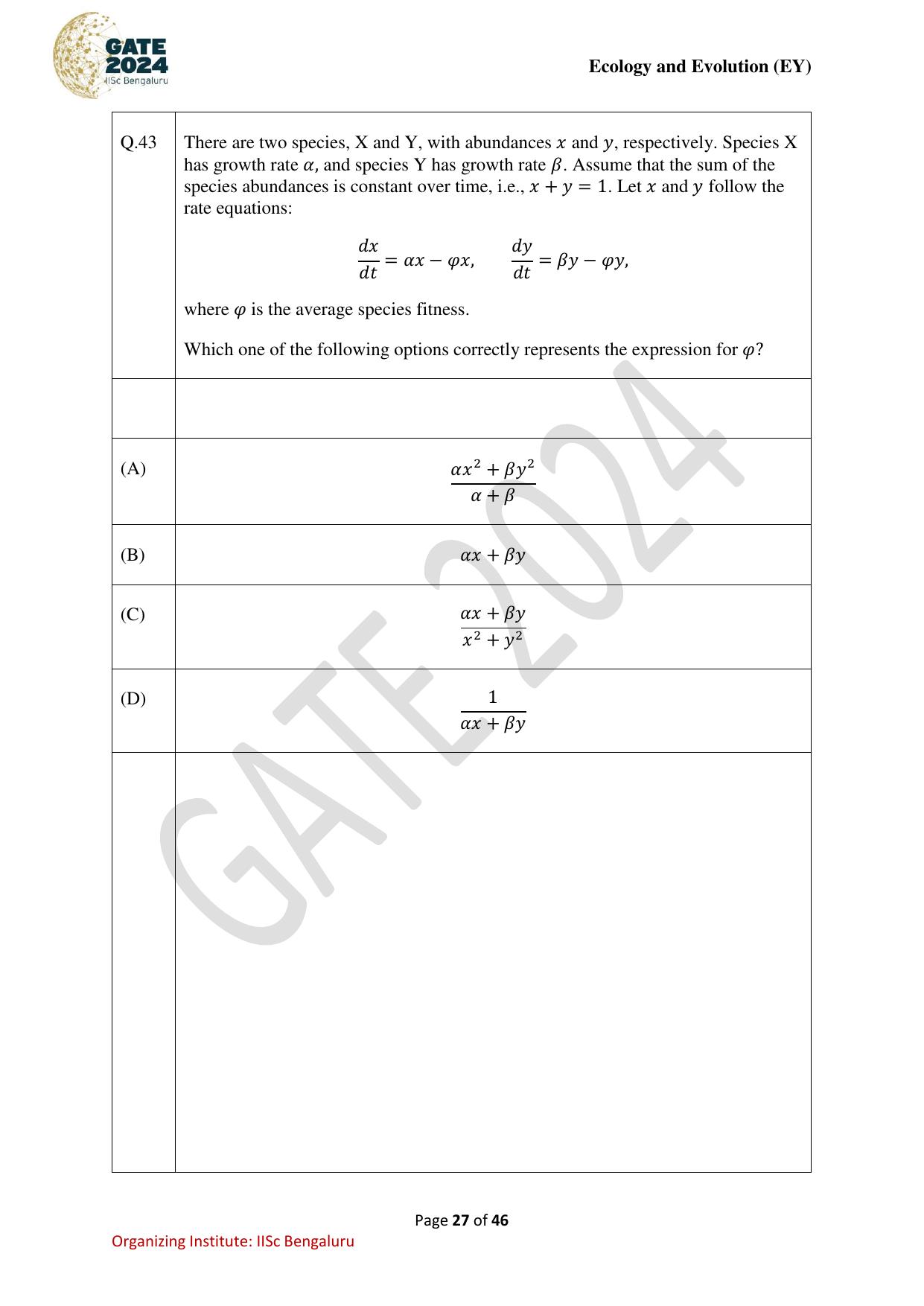 GATE 2024 Ecology and Evolution (EY) Question Paper - Page 27