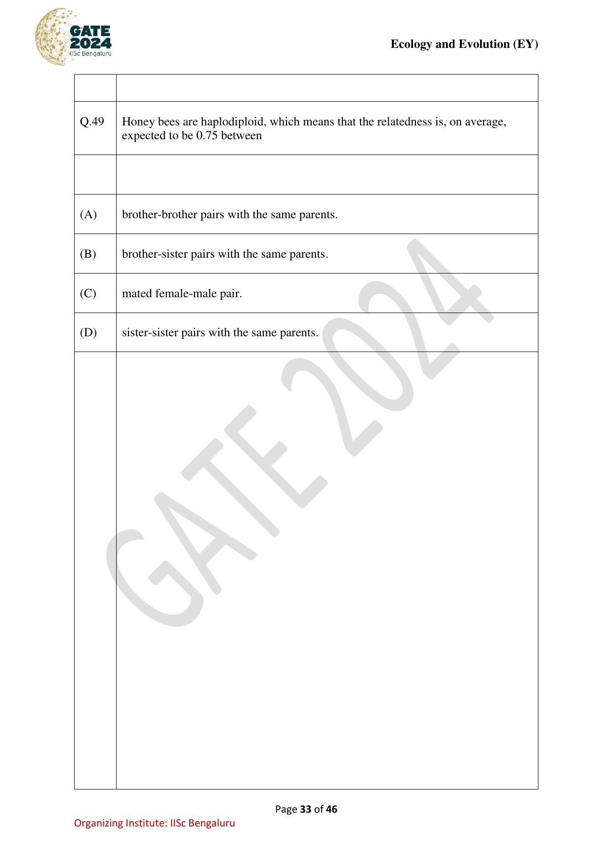 GATE 2024 Ecology and Evolution (EY) Question Paper - Page 33