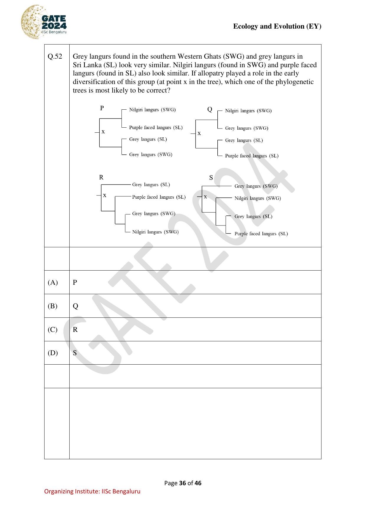 GATE 2024 Ecology and Evolution (EY) Question Paper - Page 36