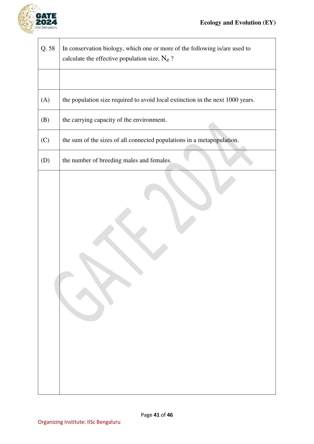 GATE 2024 Ecology and Evolution (EY) Question Paper - Page 41