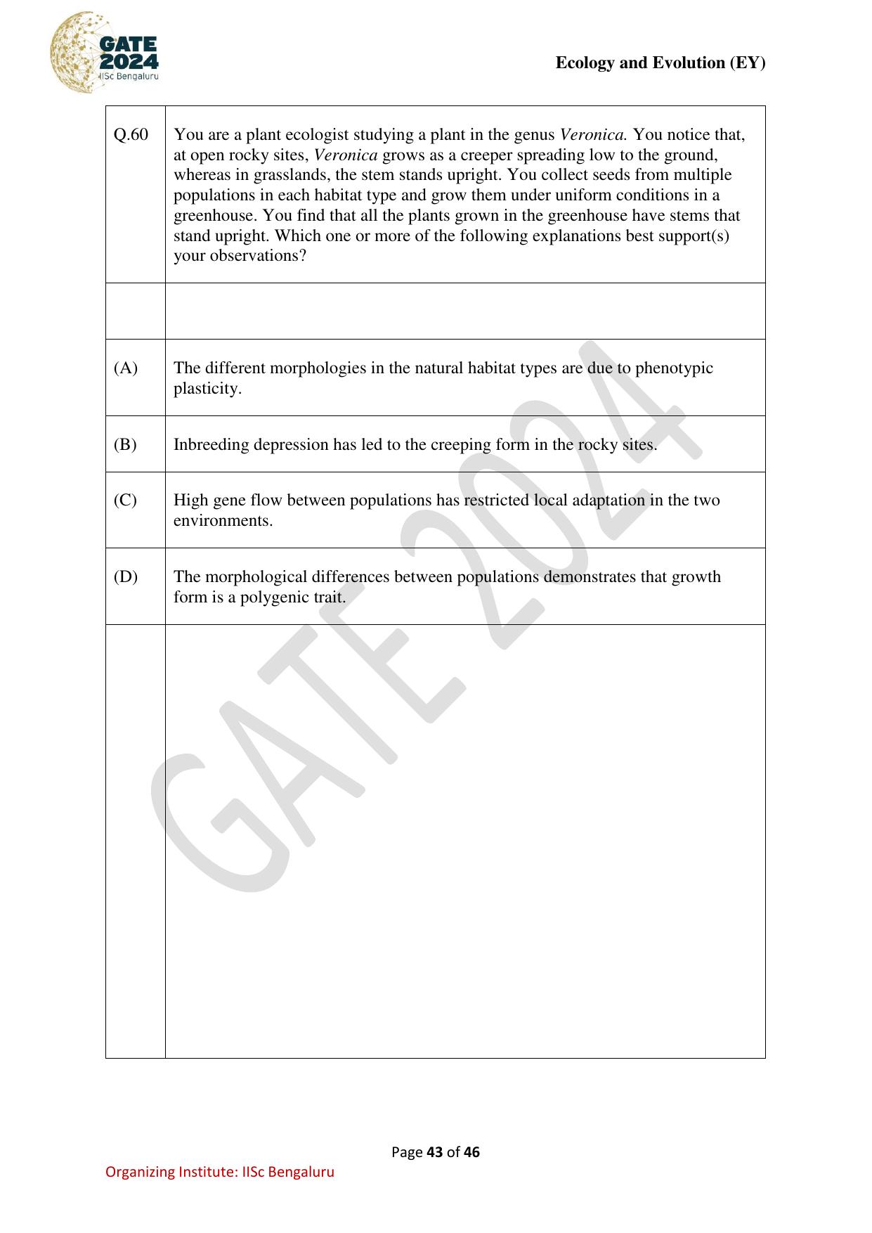 GATE 2024 Ecology and Evolution (EY) Question Paper - Page 43