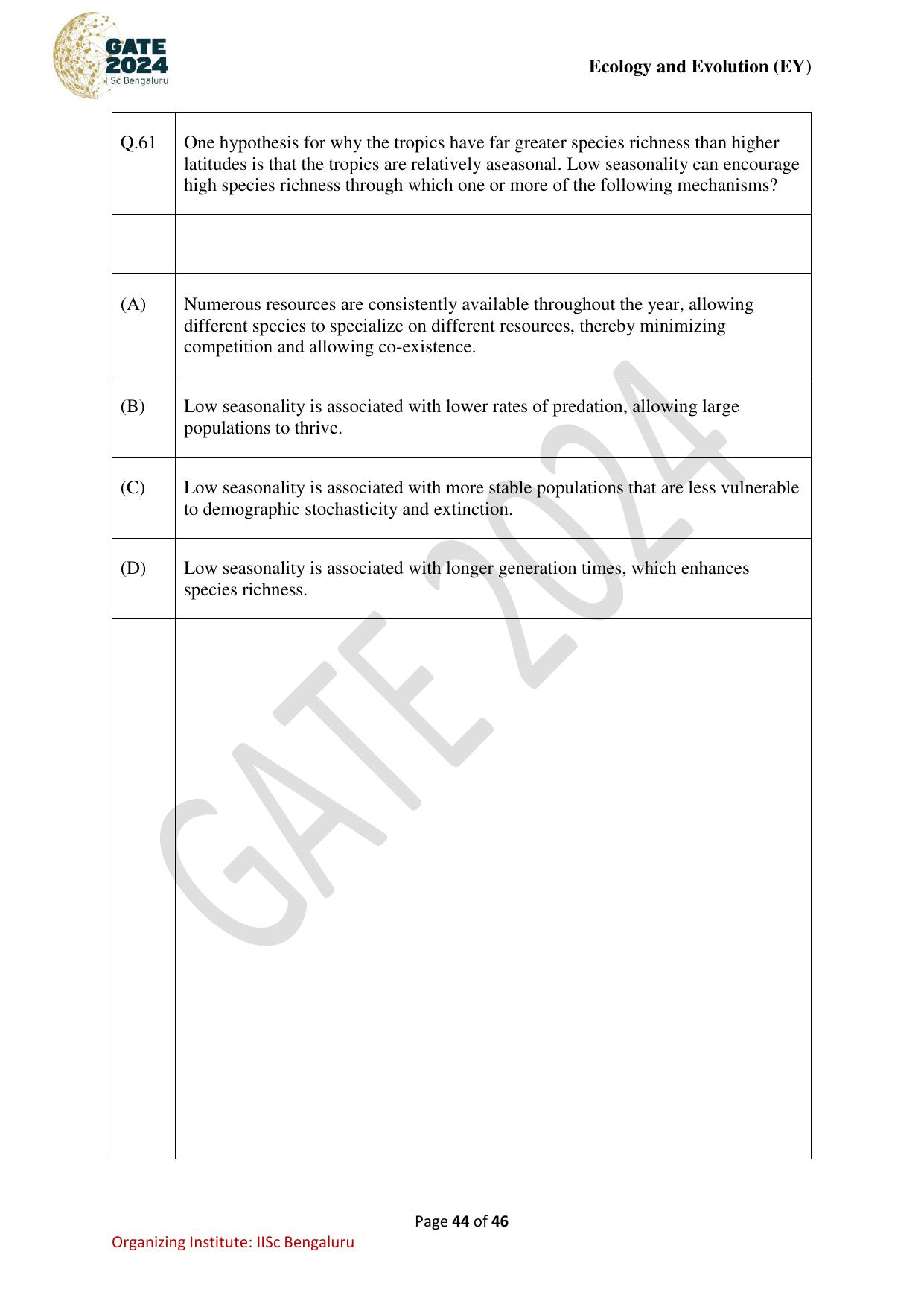 GATE 2024 Ecology and Evolution (EY) Question Paper - Page 44