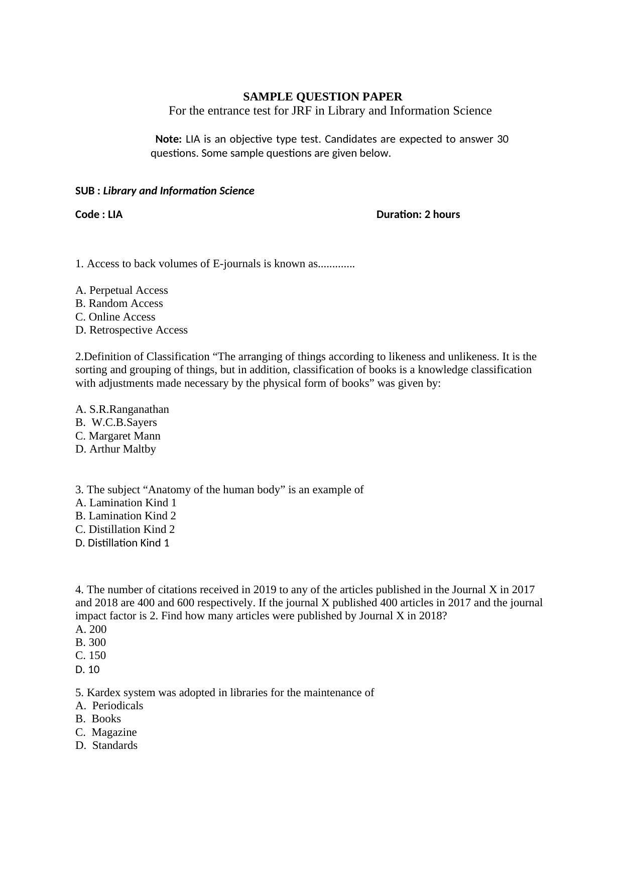 ISI Admission Test JRF in Library and Information Science LIA 2019 Sample Paper - Page 1