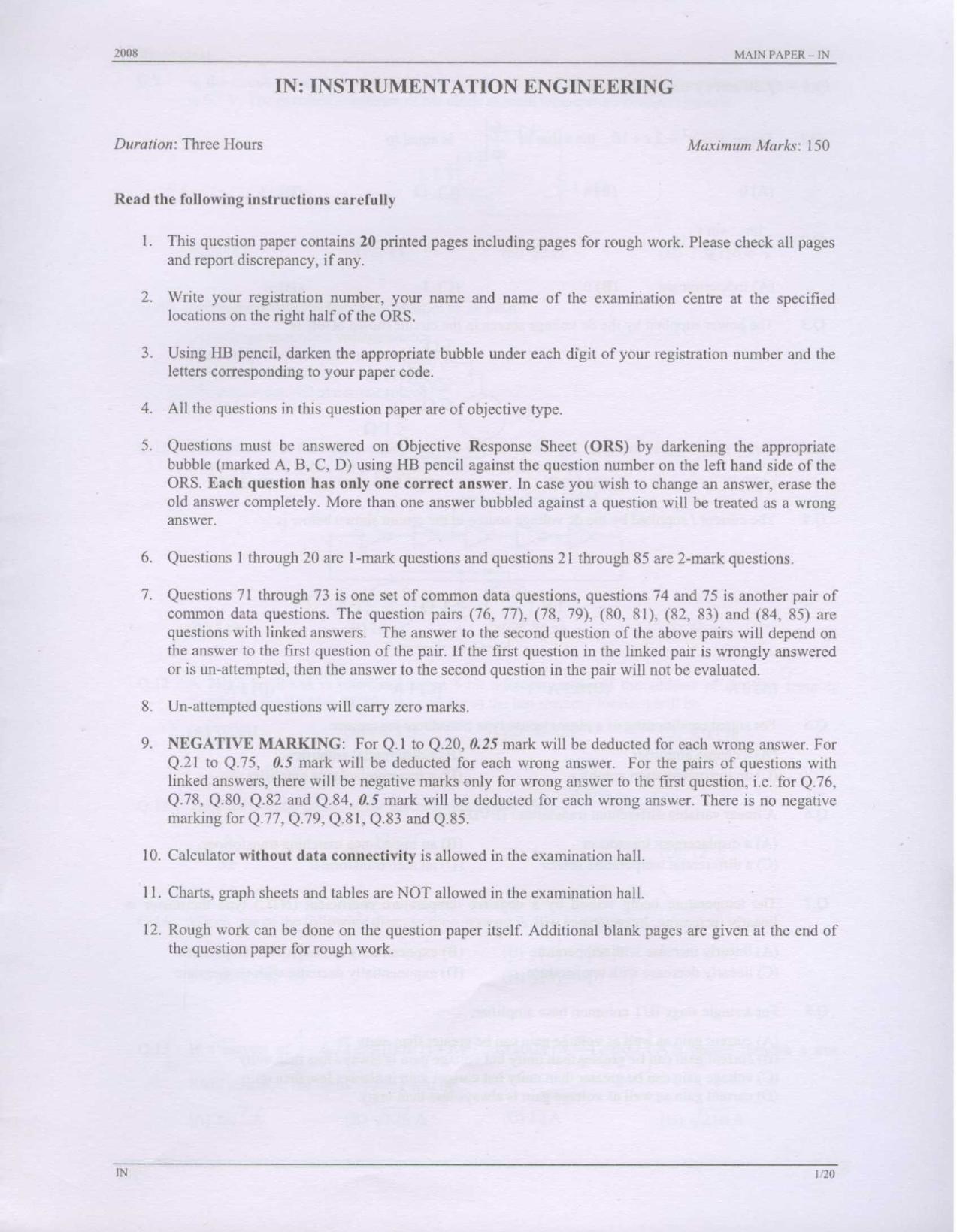 GATE 2008 Instrumentation Engineering (IN) Question Paper with Answer Key - Page 1