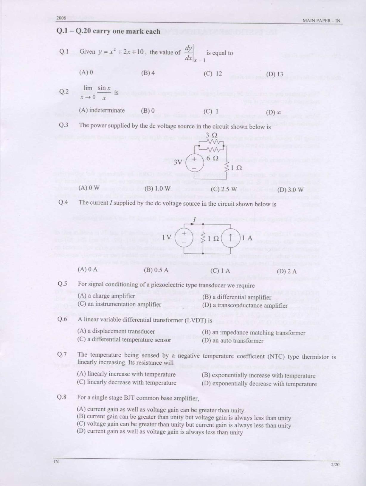 GATE 2008 Instrumentation Engineering (IN) Question Paper with Answer Key - Page 2