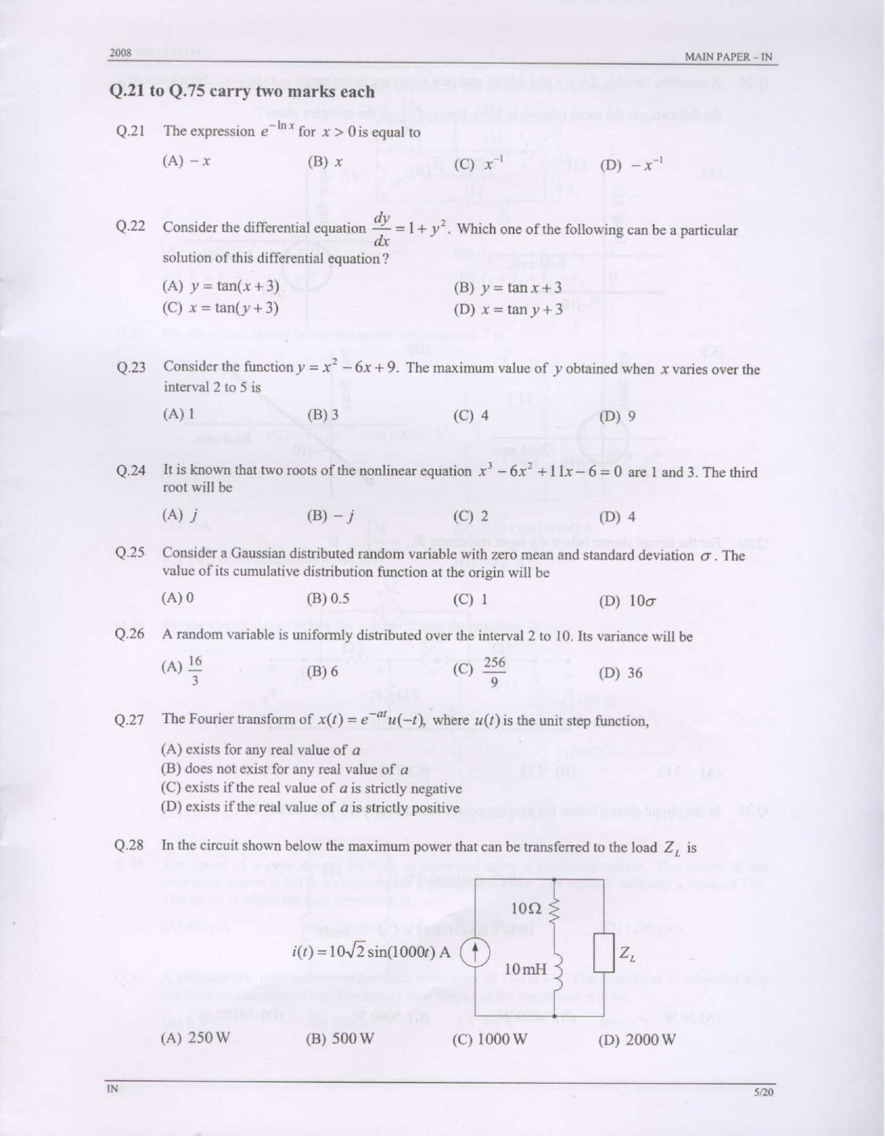 GATE 2008 Instrumentation Engineering (IN) Question Paper with Answer Key - Page 5