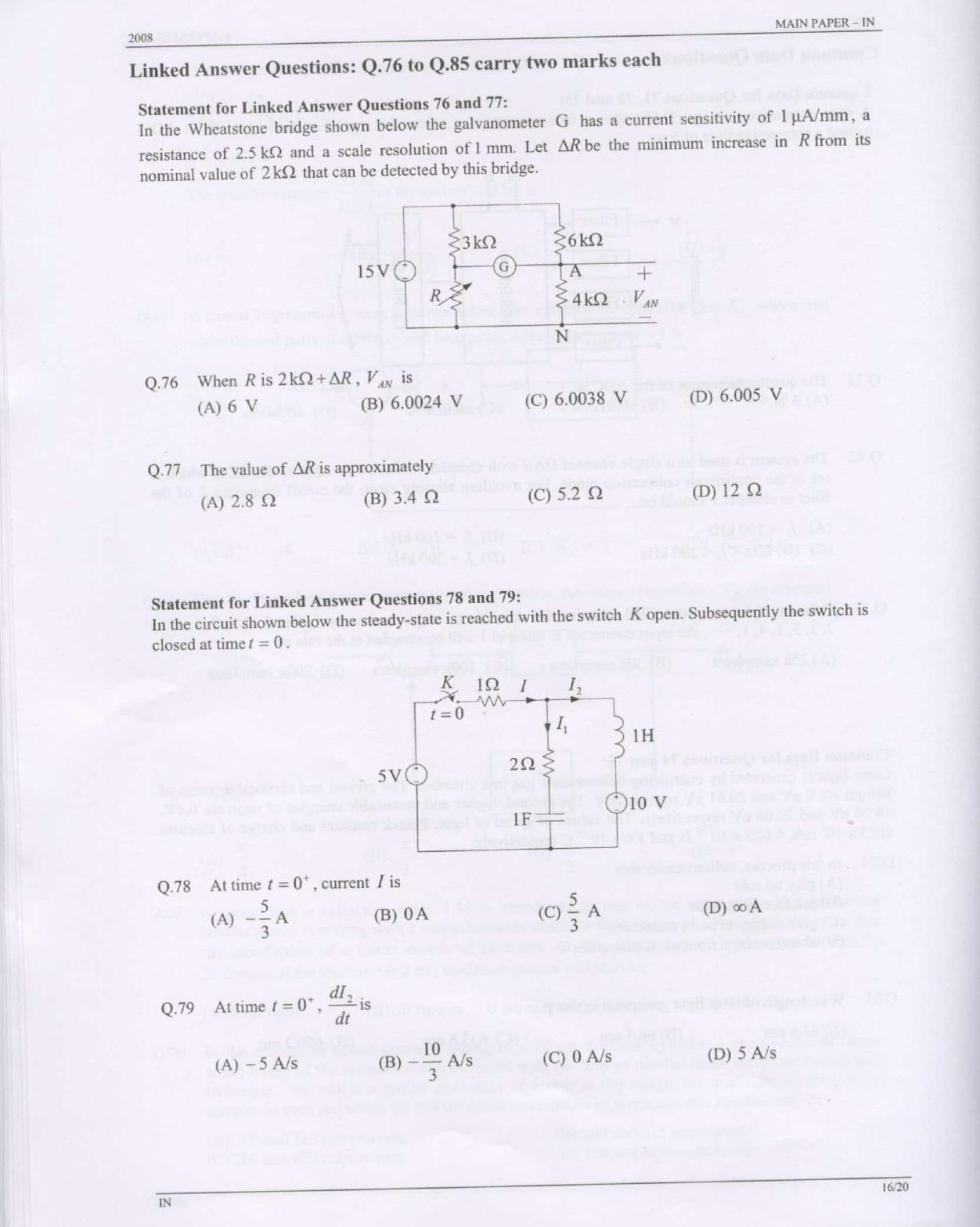 GATE 2008 Instrumentation Engineering (IN) Question Paper with Answer Key - Page 16