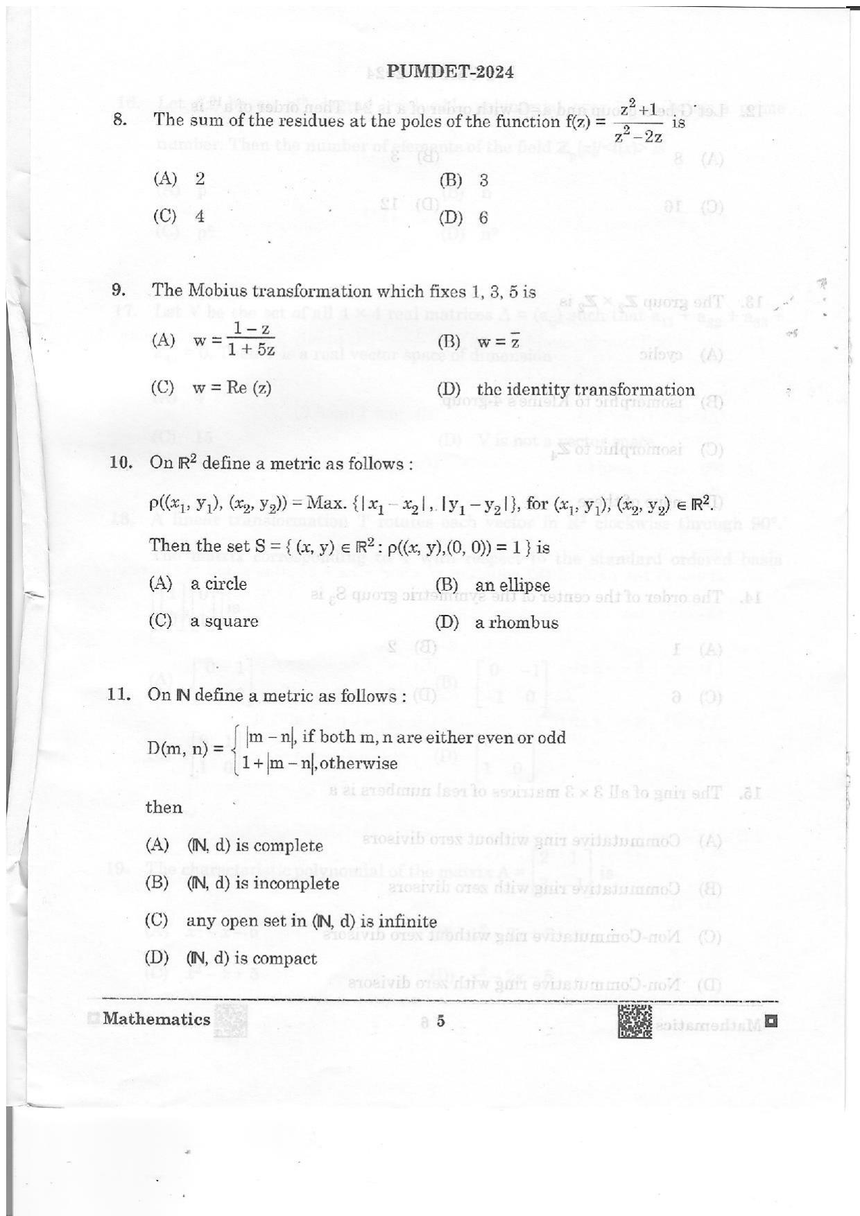 PUMDET 2024 Mathematics Question Paper - Page 5