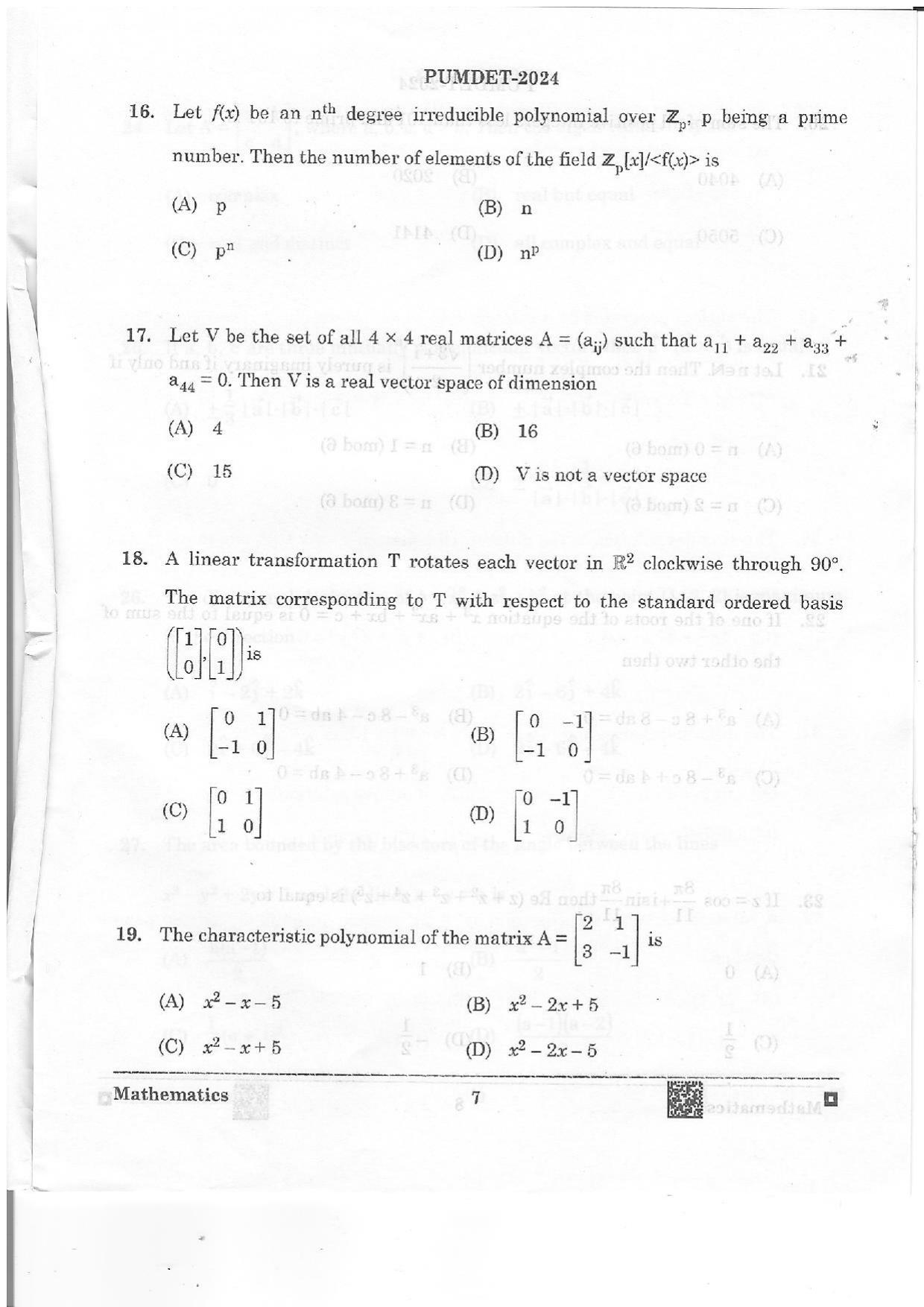 PUMDET 2024 Mathematics Question Paper - Page 7