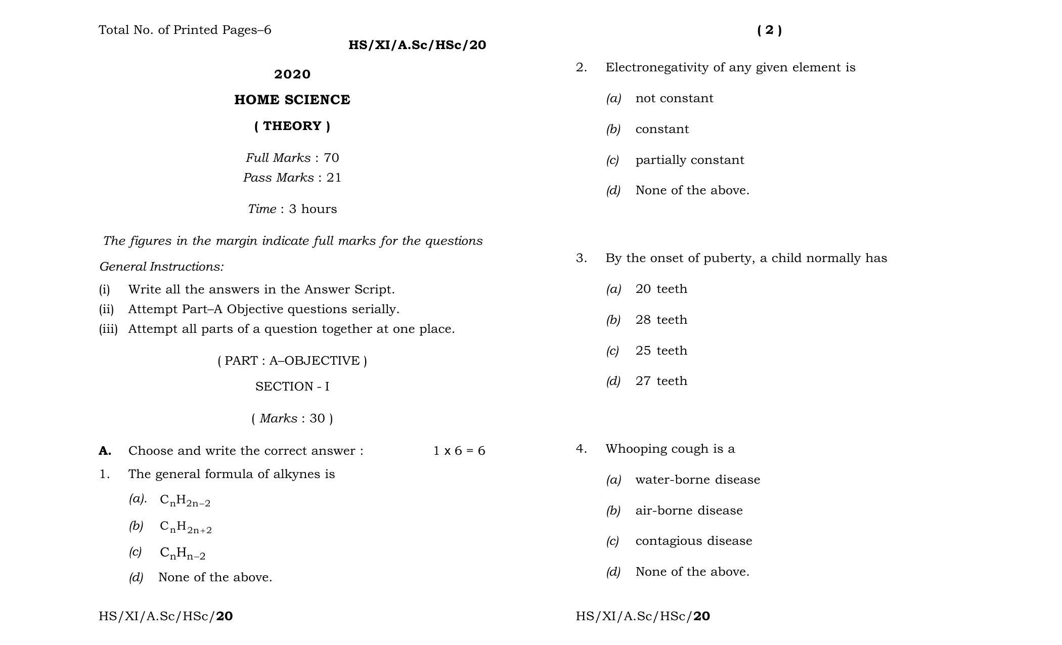 Meghalaya Board (MBOSE) Class 11 Home Science 2020 Question Paper - Page 1