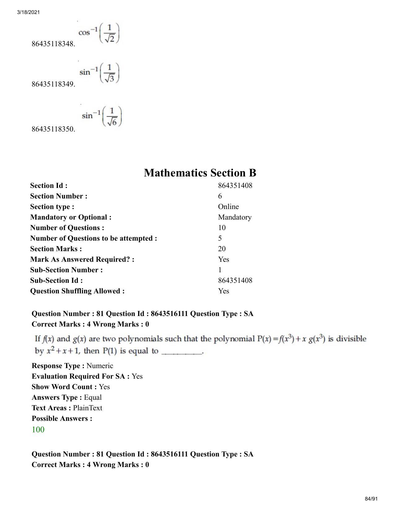 JEE Mains 2021: BTech EK (Shift 2) 18-03-2021 Question Paper - Page 84