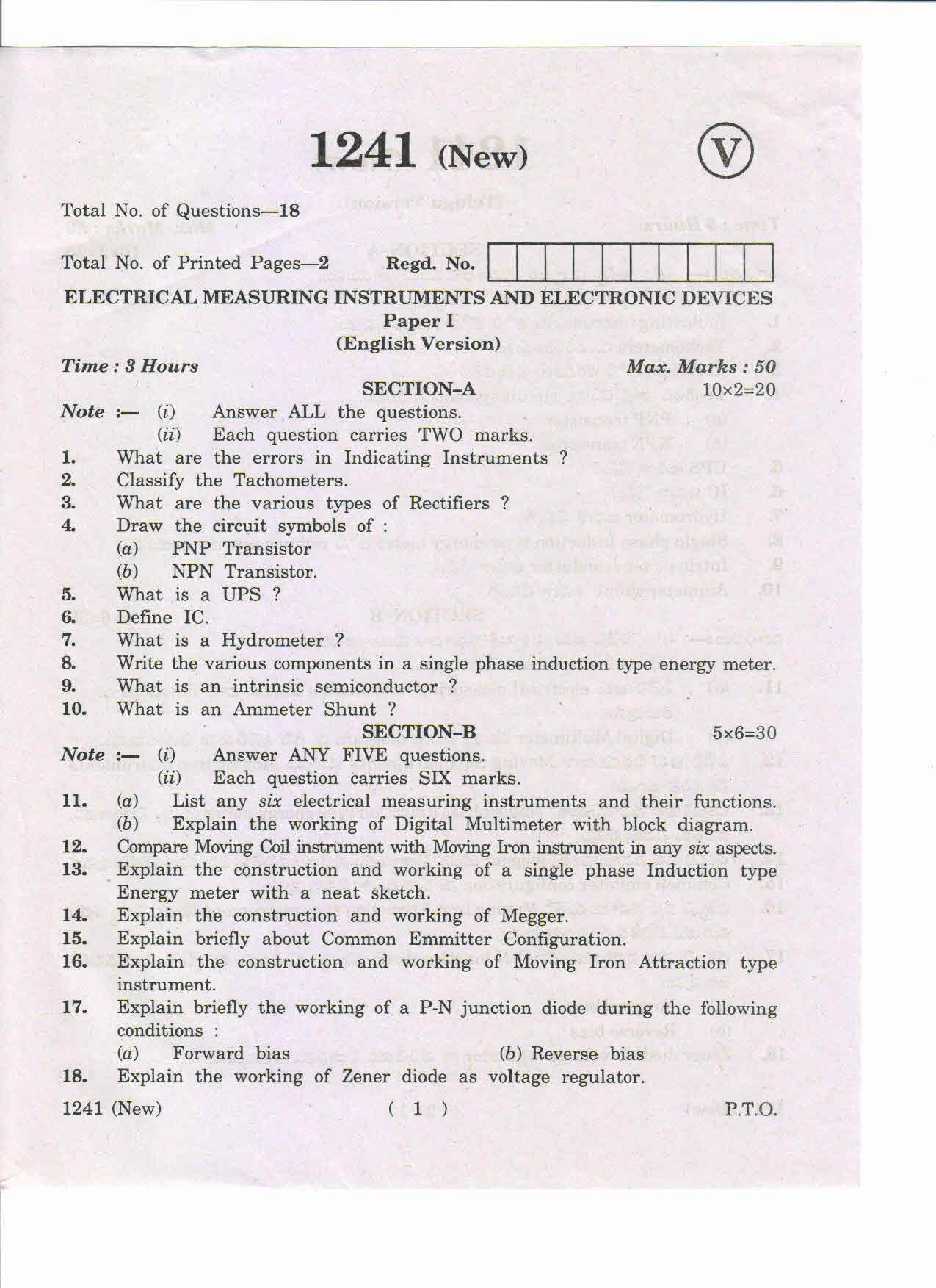 AP Inter 1st Year Electrical Measuring Instruments and Electronic Devices-I (New) March-2019-Vocational Question Paper - Page 1