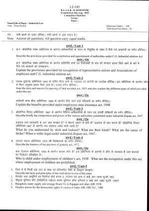 Bilaspur University Question Paper July 2022: B.A. L.L.B. (X Sem.) Industrial Law Paper 1