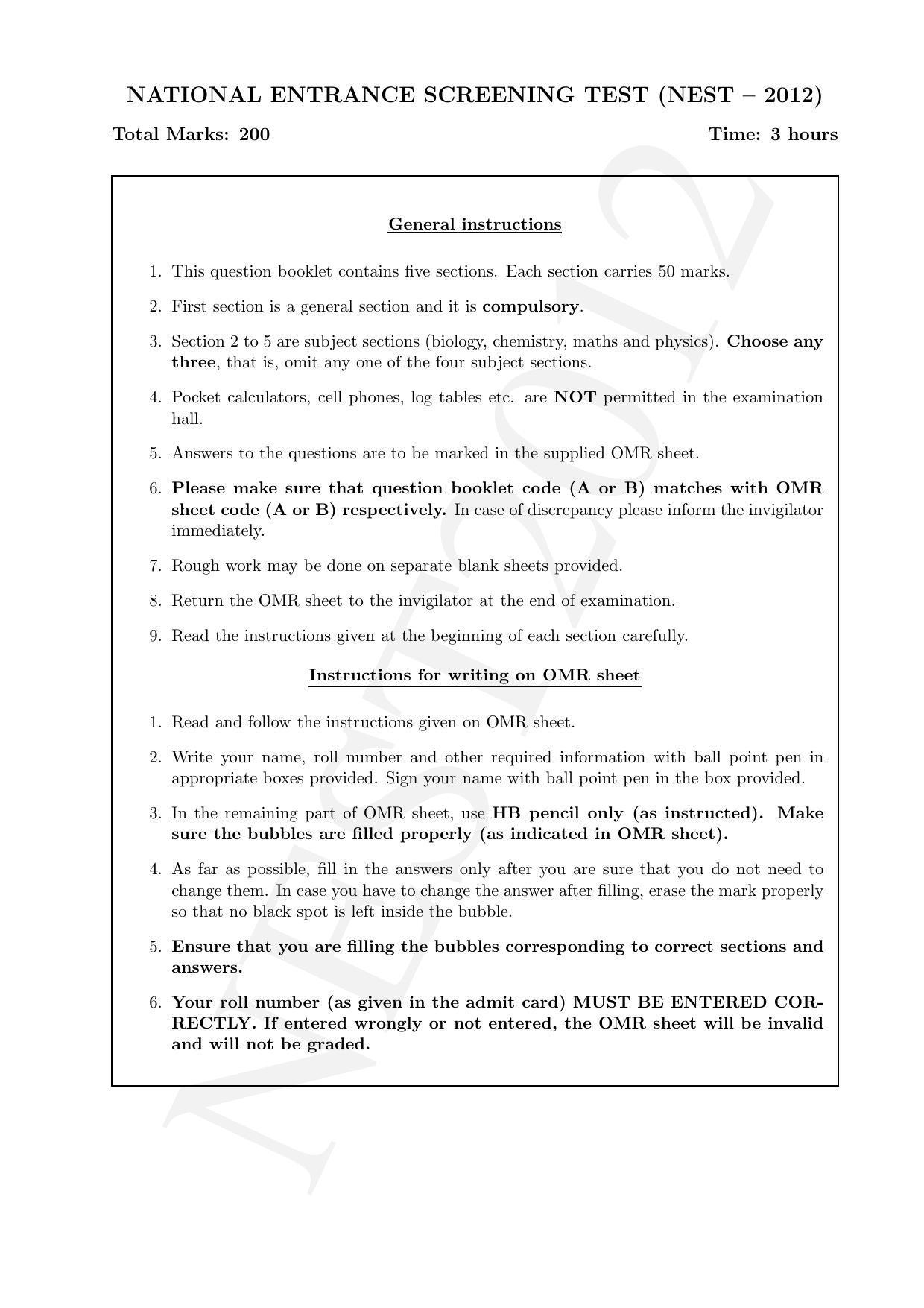NEST 2012 Question Paper - Page 2