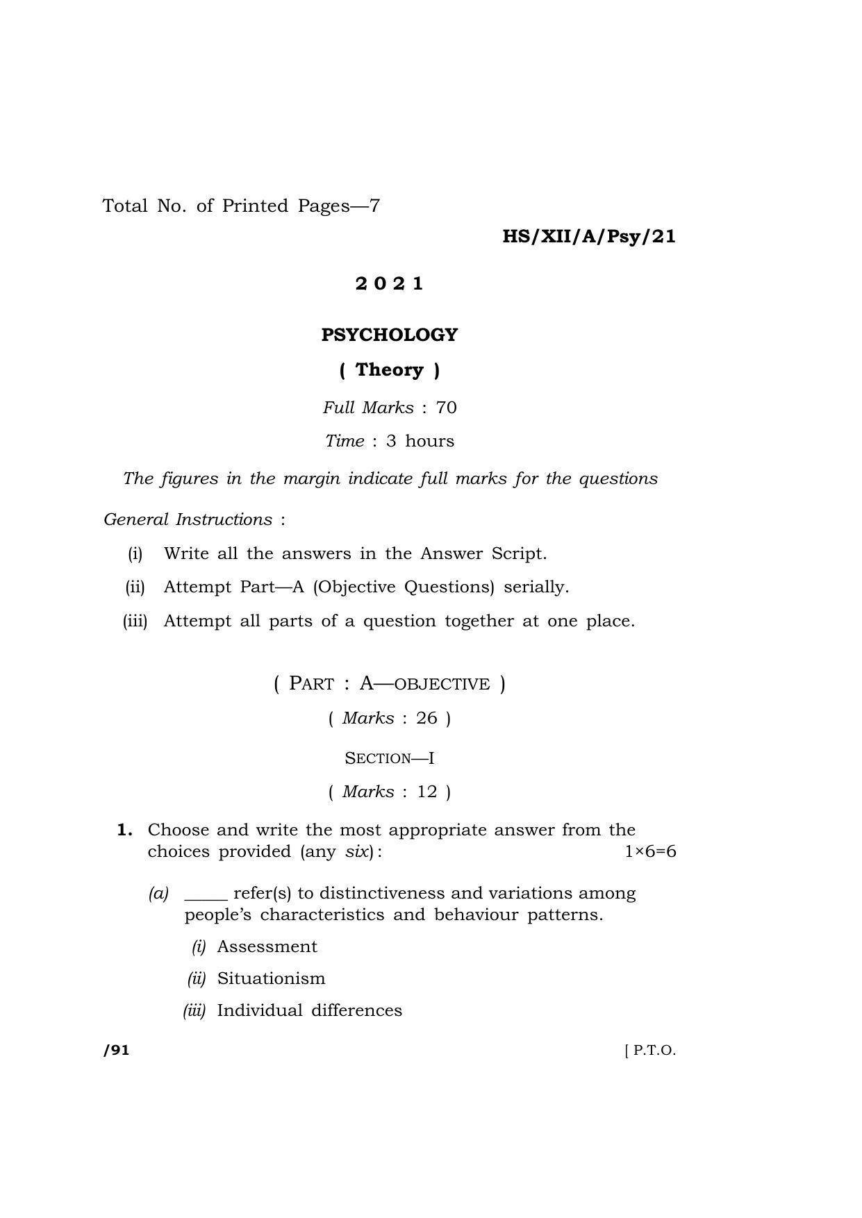 Meghalaya Board (MBOSE) Class 12 PSYCHOLOGY (HS-XII-A-Psy-21) 2021 Question Paper - Page 1