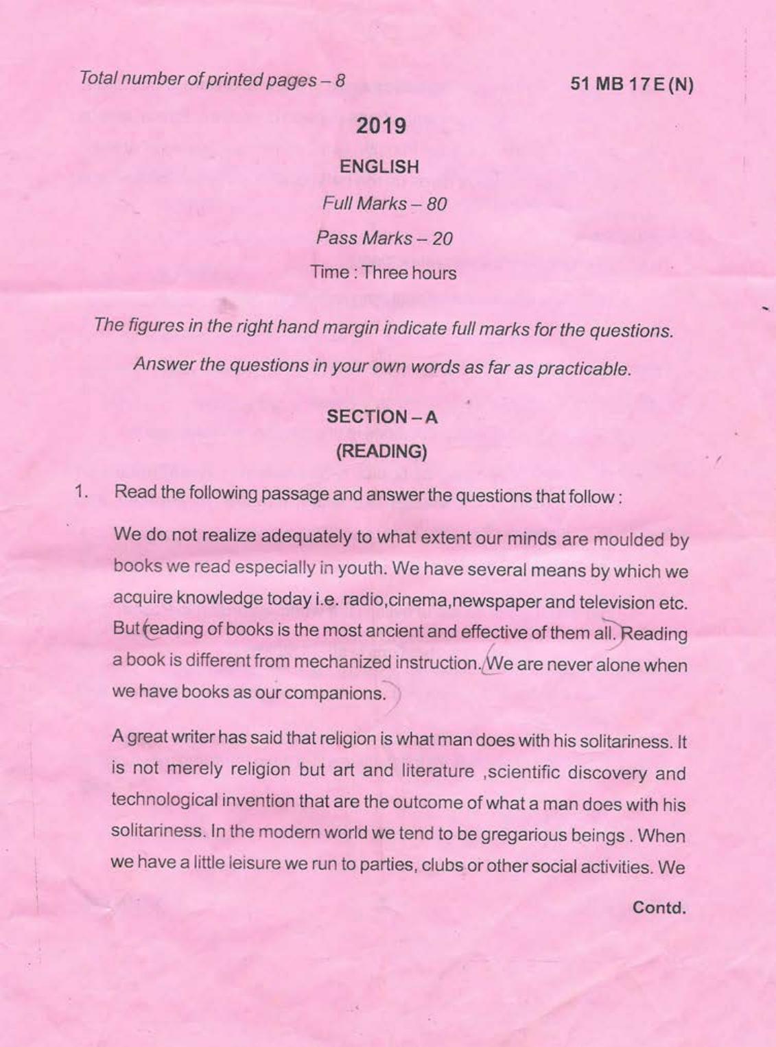 Manipur HSLC 2019 English Question Paper - Page 1