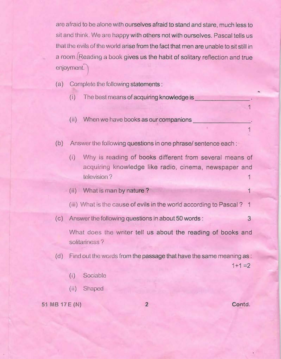 Manipur HSLC 2019 English Question Paper - Page 2