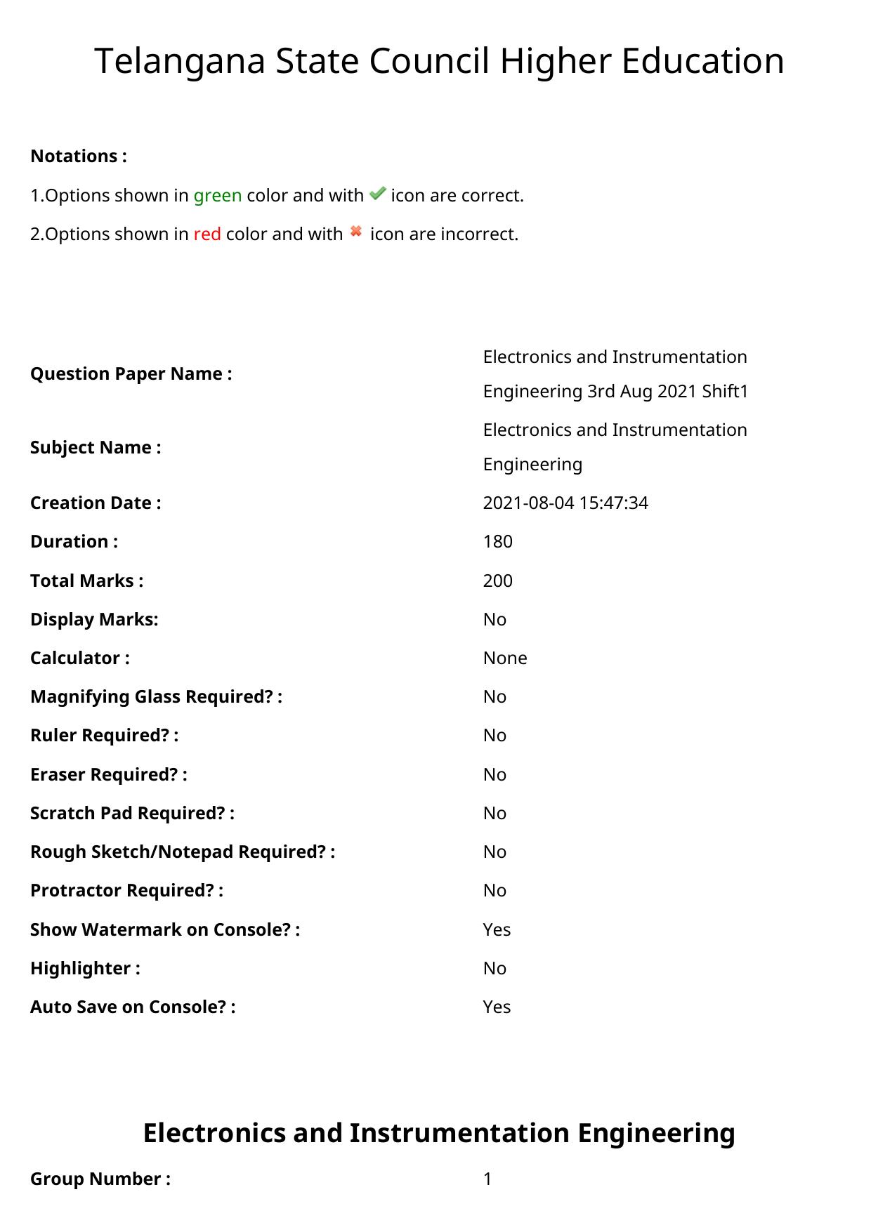 TS ECET 2021 Electronics and Instrumentation Engineering's Question Paper - Page 1