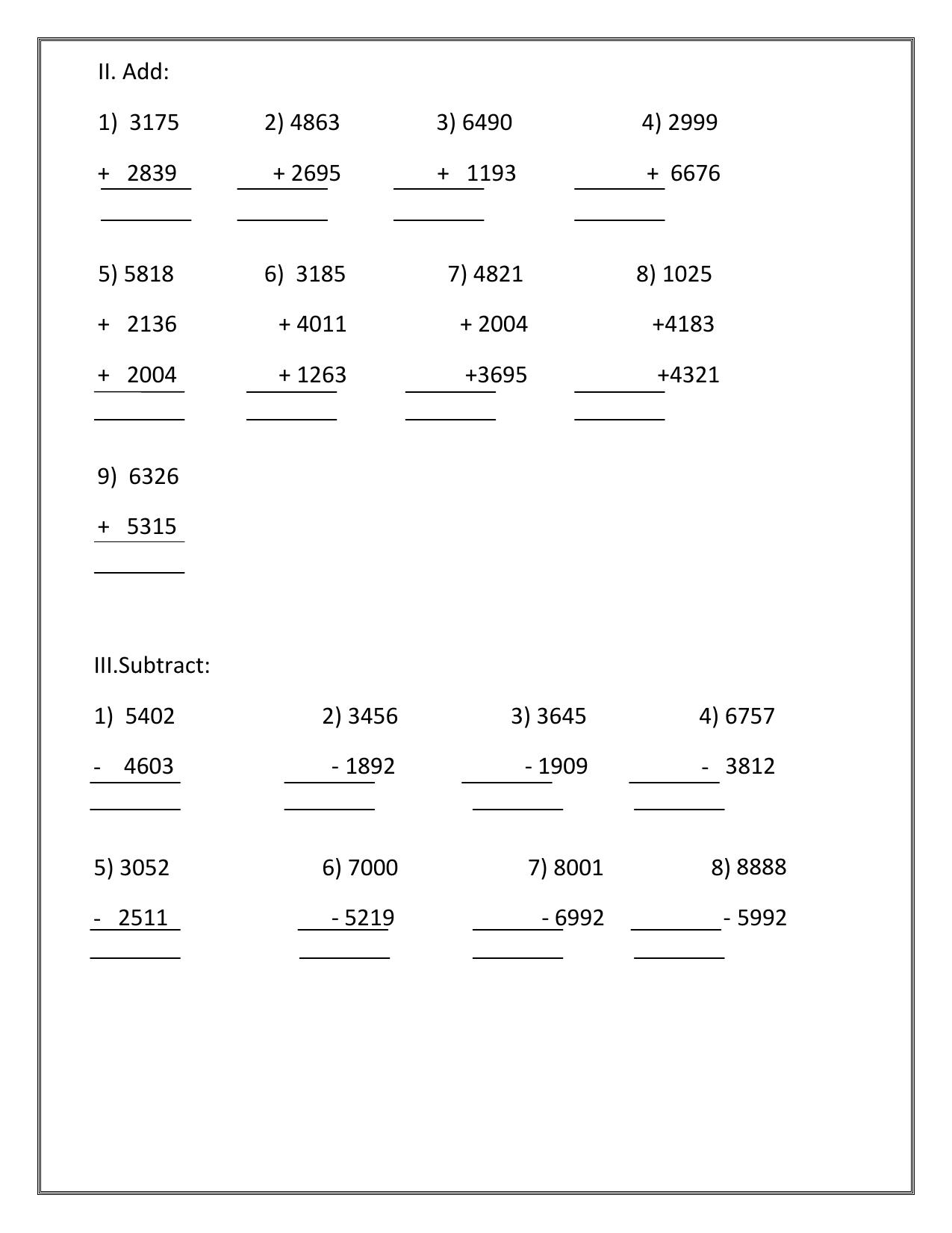 Worksheet for Class 3 Mathematics Addition and Subraction Assignment - Page 2