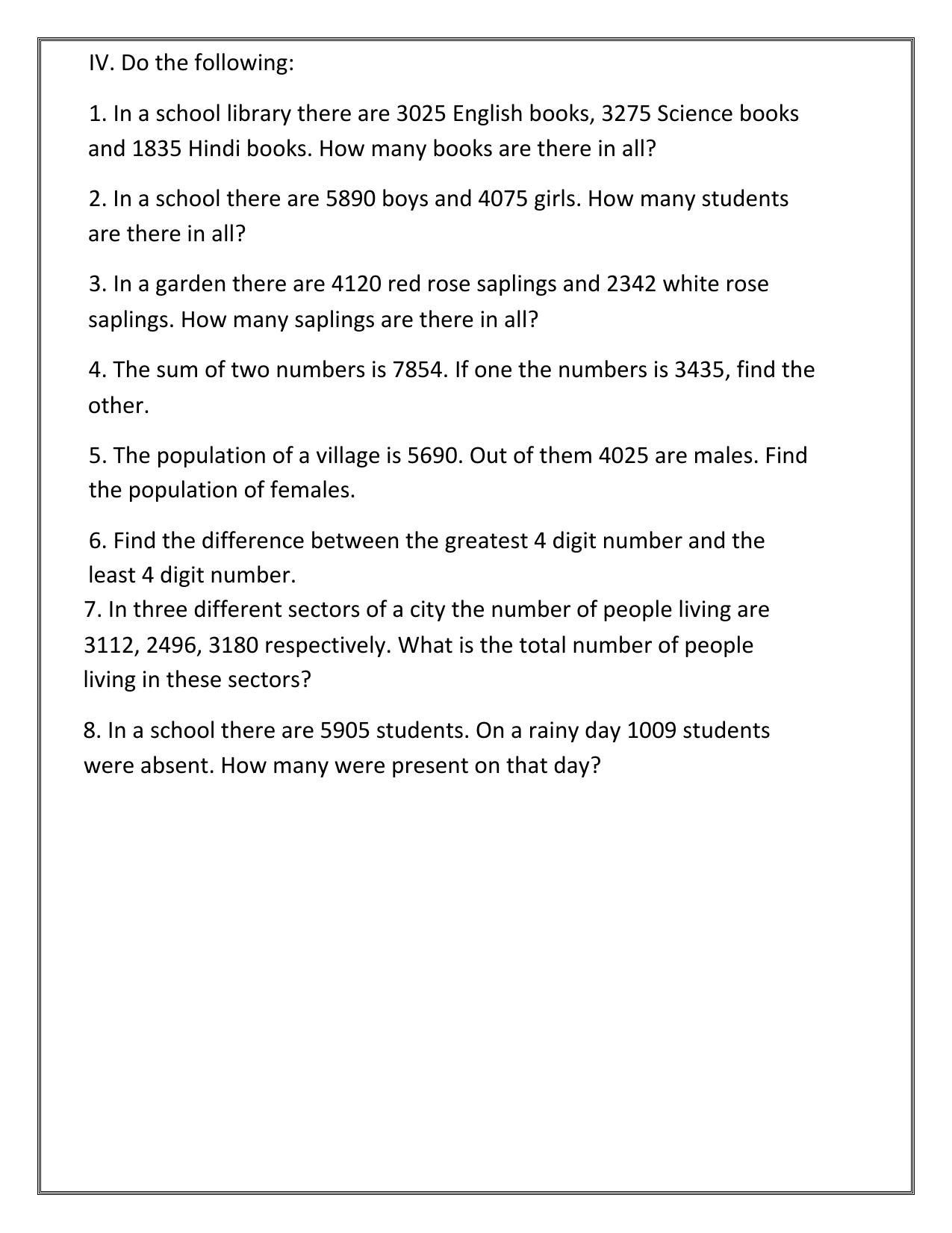 Worksheet for Class 3 Mathematics Addition and Subraction Assignment - Page 3